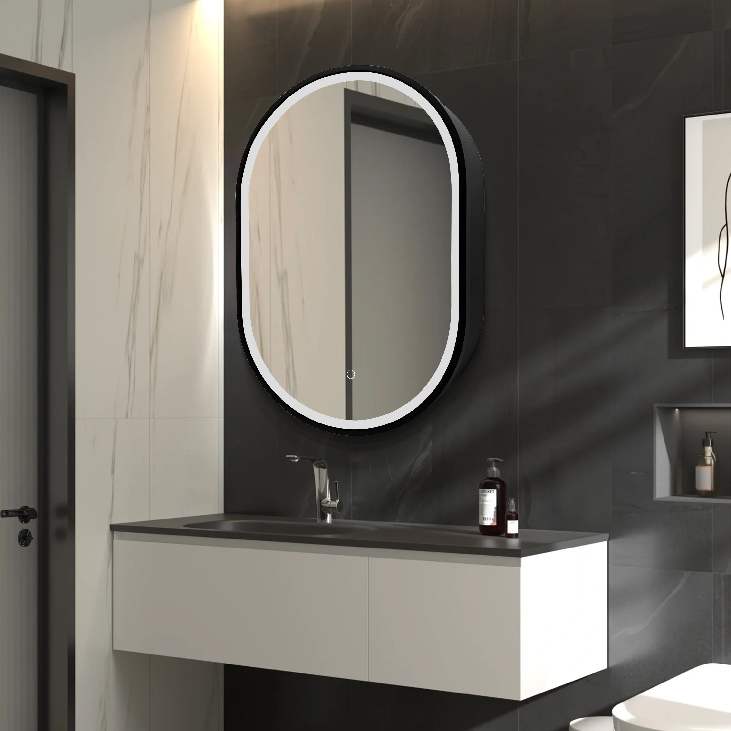 21 in. W x 31 in. H Black Framed Wall Mounted Bathroom Medicine Cabinet with LED Mirror