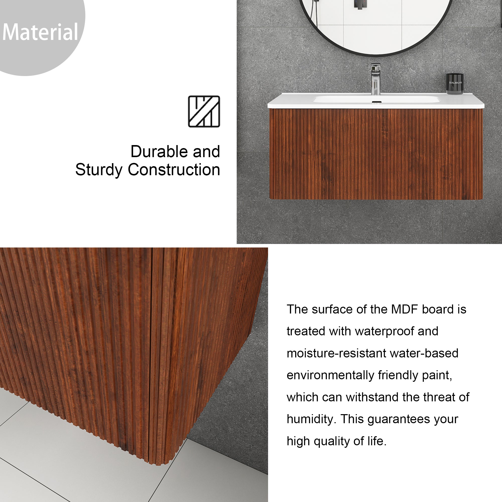 36 inch Wall-Mounted Bathroom Vanity Set in Walnut with Integrated Ceramic Sink