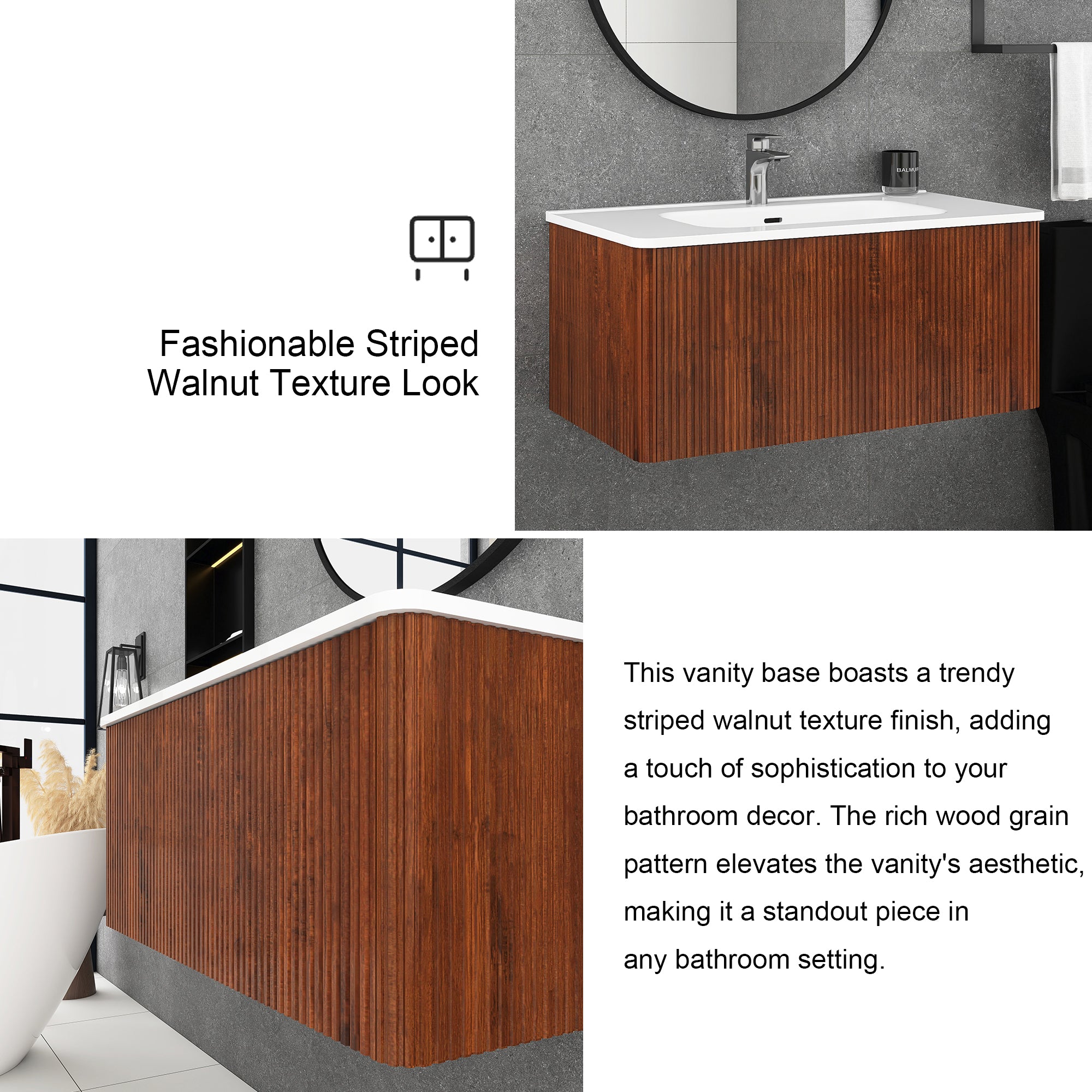 36 inch Wall-Mounted Bathroom Vanity Set in Walnut with Integrated Ceramic Sink