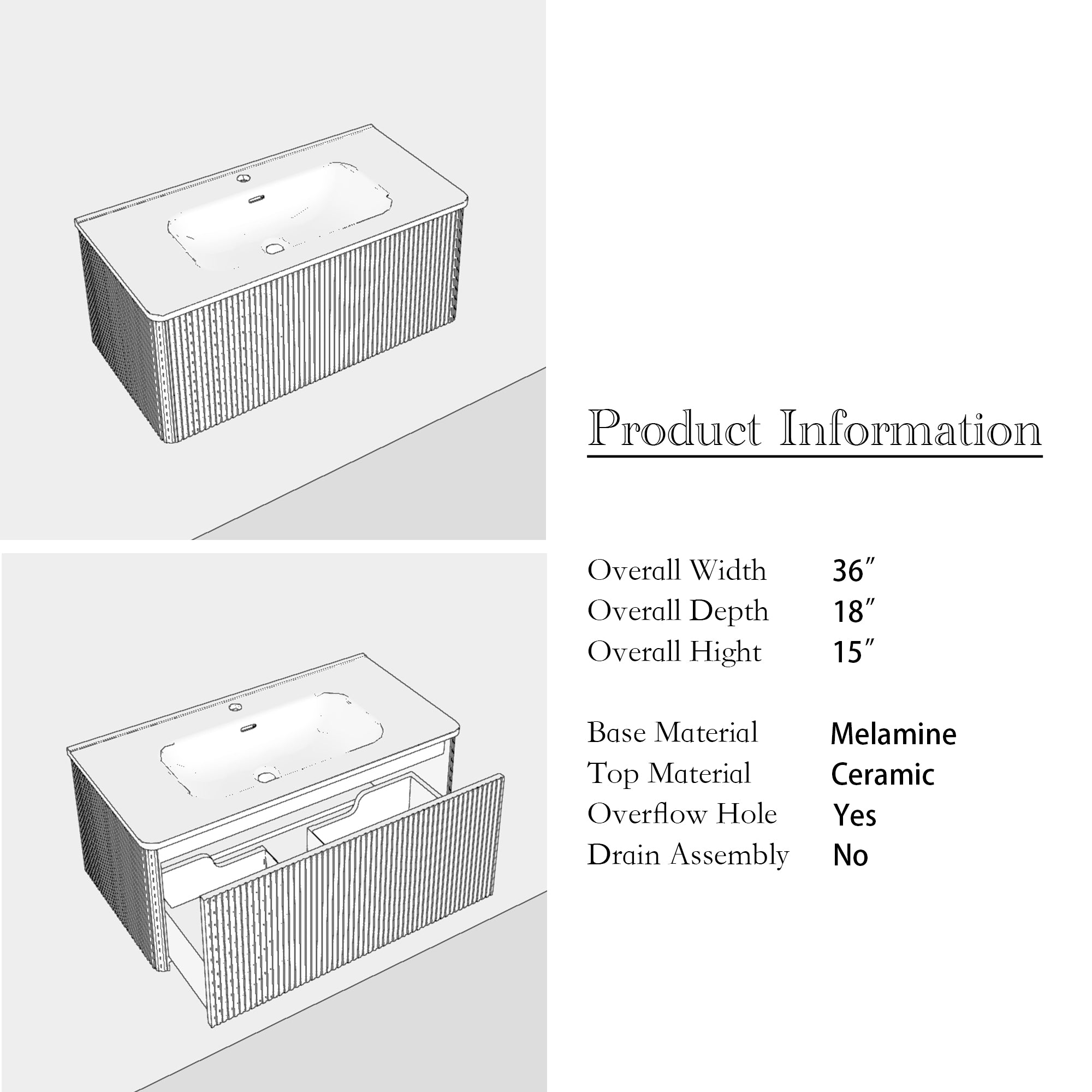 36 inch Wall-Mounted Bathroom Vanity Set in Walnut with Integrated Ceramic Sink