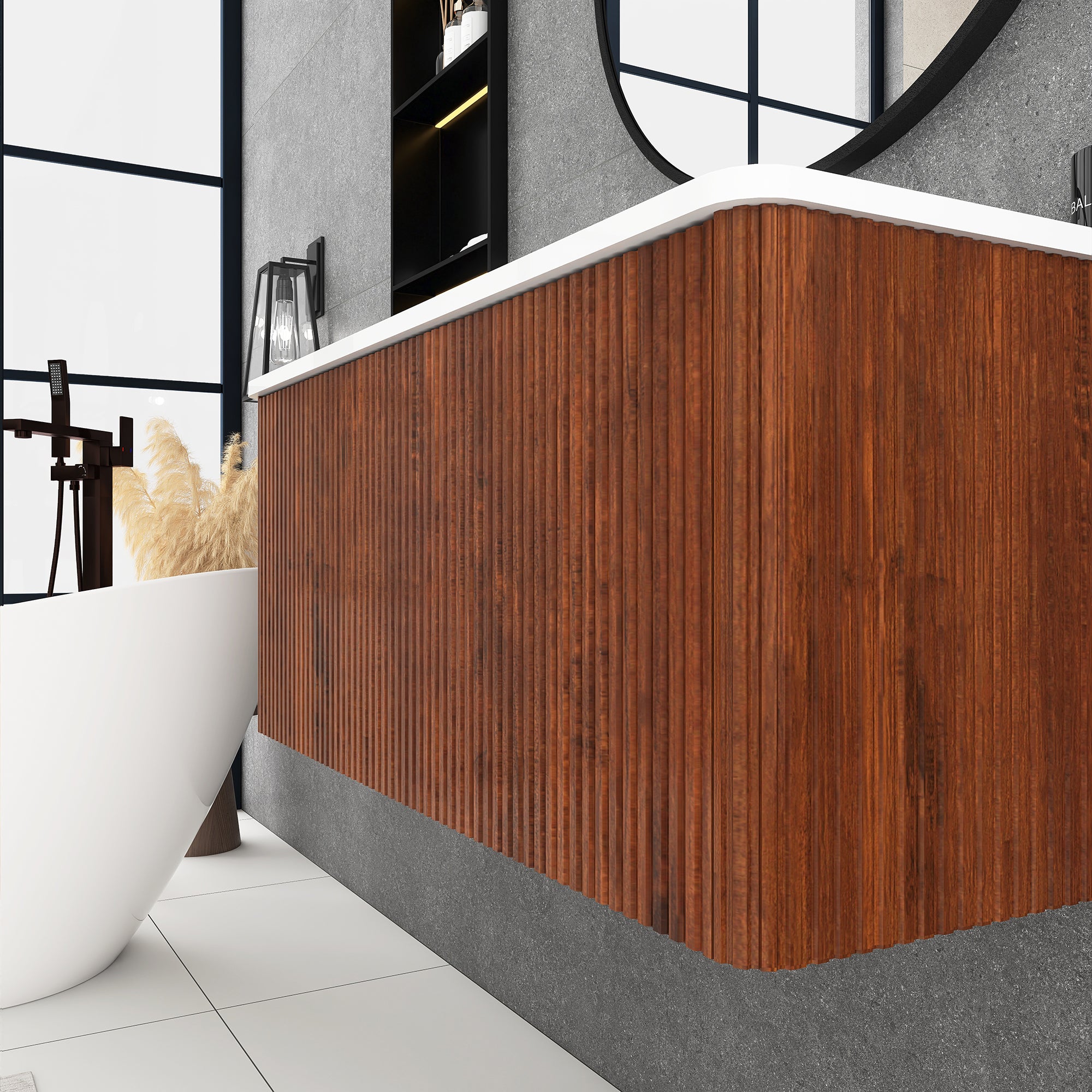 36 inch Wall-Mounted Bathroom Vanity Set in Walnut with Integrated Ceramic Sink