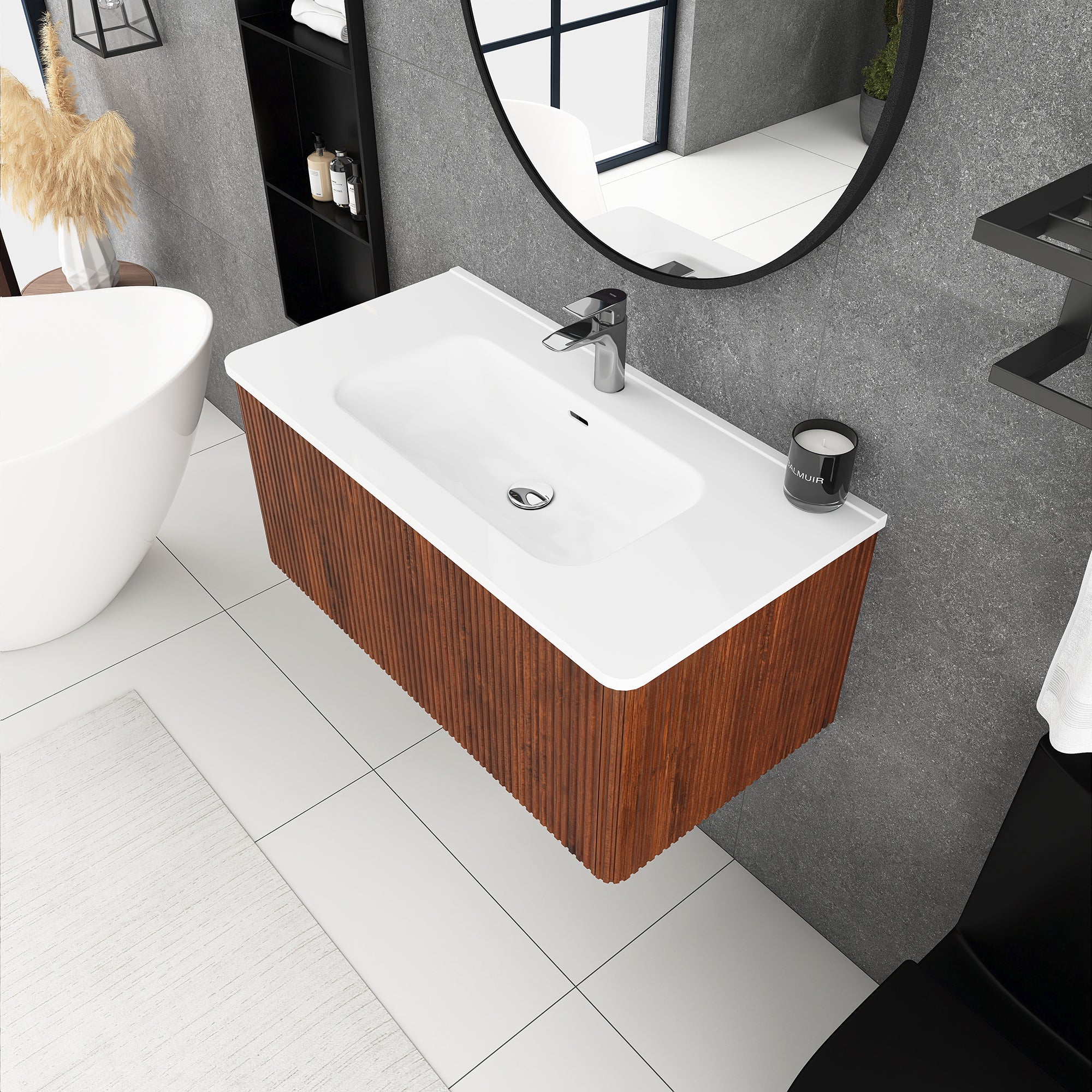 36 inch Wall-Mounted Bathroom Vanity Set in Walnut with Integrated Ceramic Sink