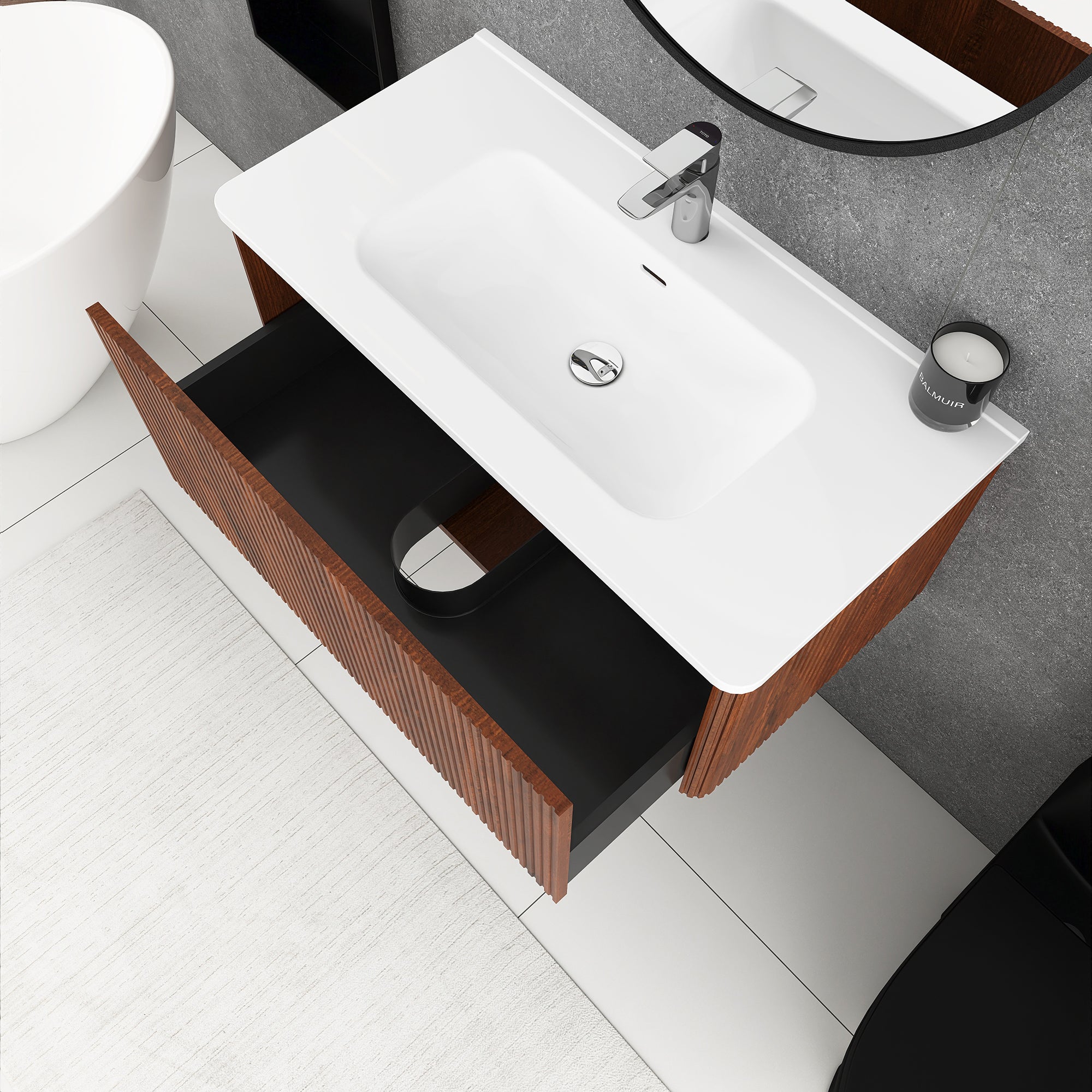 36 inch Wall-Mounted Bathroom Vanity Set in Walnut with Integrated Ceramic Sink