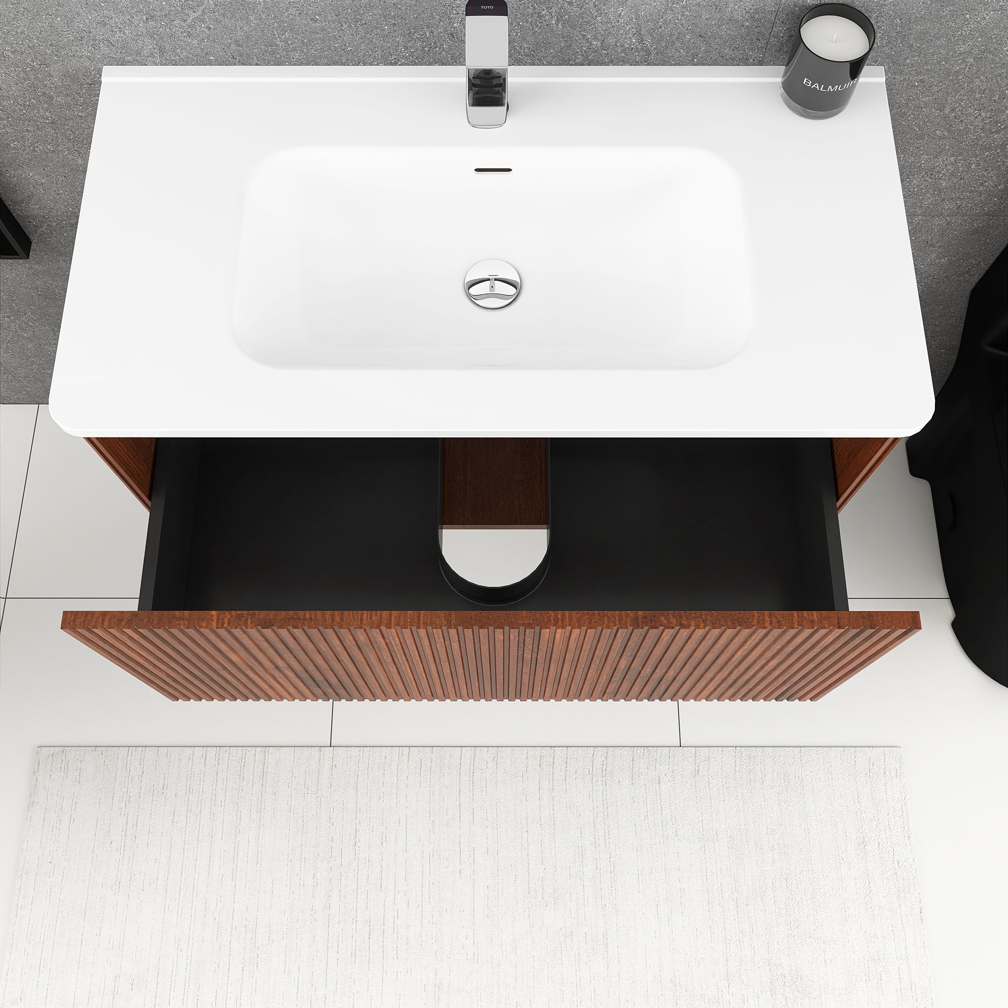 36 inch Wall-Mounted Bathroom Vanity Set in Walnut with Integrated Ceramic Sink