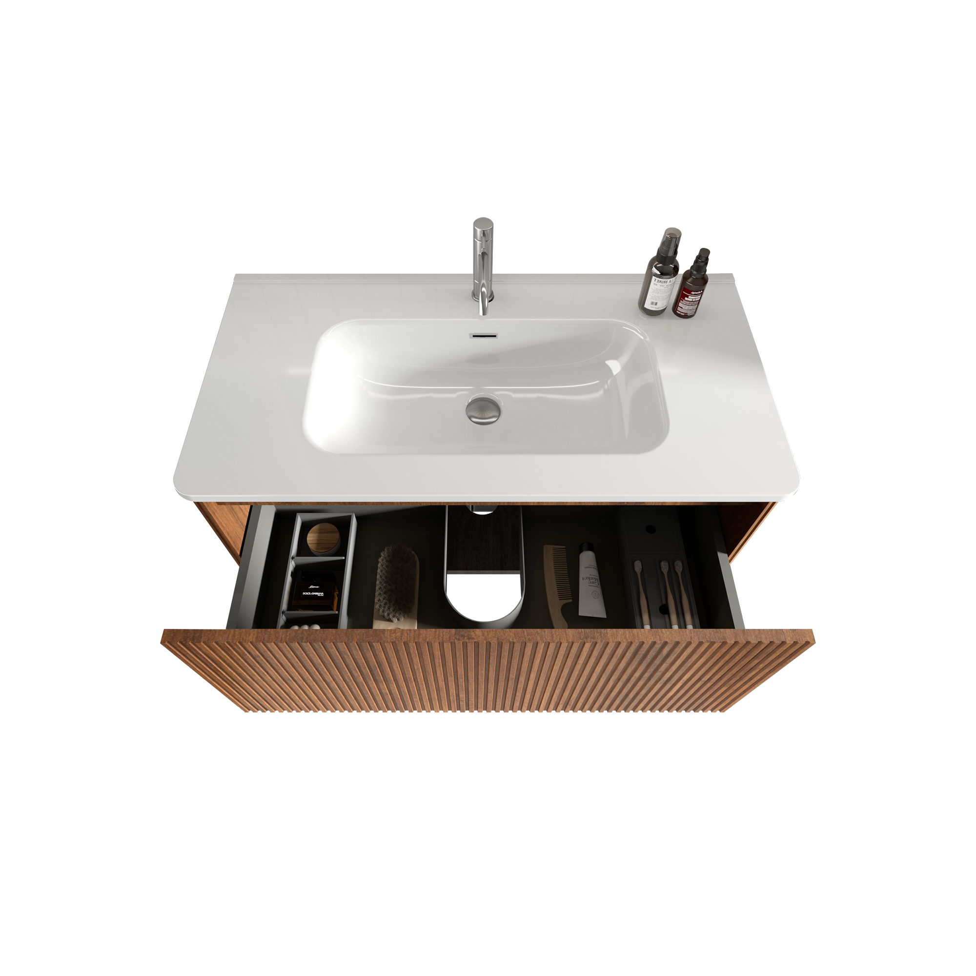 36 inch Wall-Mounted Bathroom Vanity Set in Walnut with Integrated Ceramic Sink