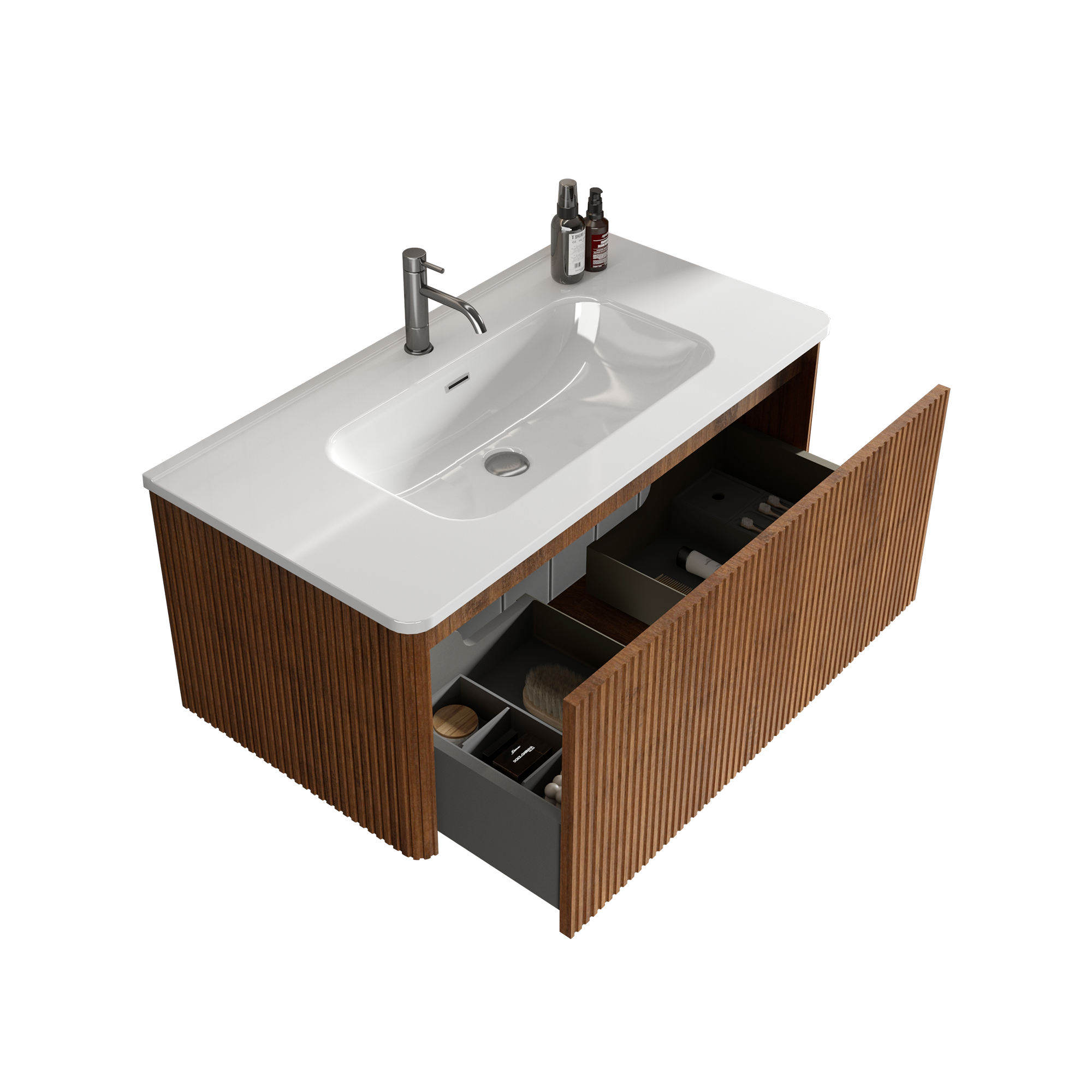 36 inch Wall-Mounted Bathroom Vanity Set in Walnut with Integrated Ceramic Sink