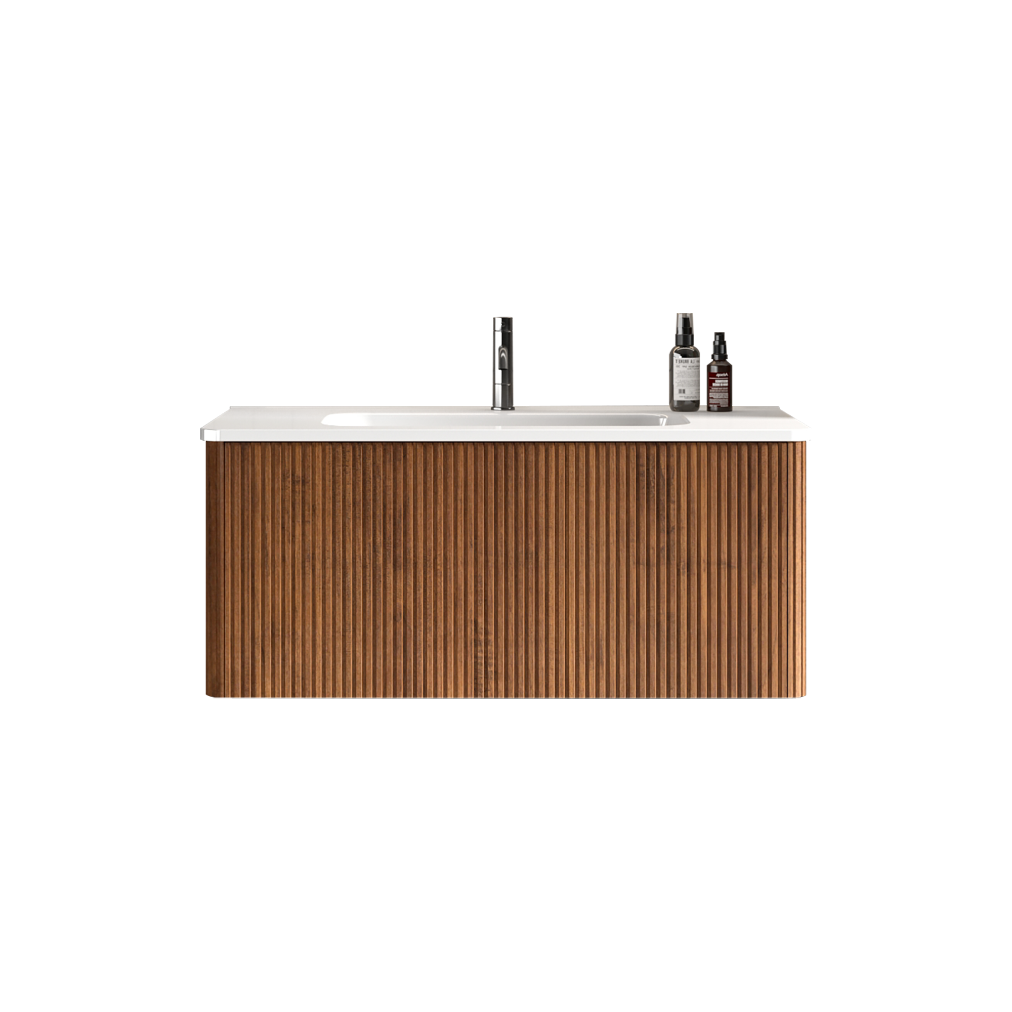 36 inch Wall-Mounted Bathroom Vanity Set in Walnut with Integrated Ceramic Sink