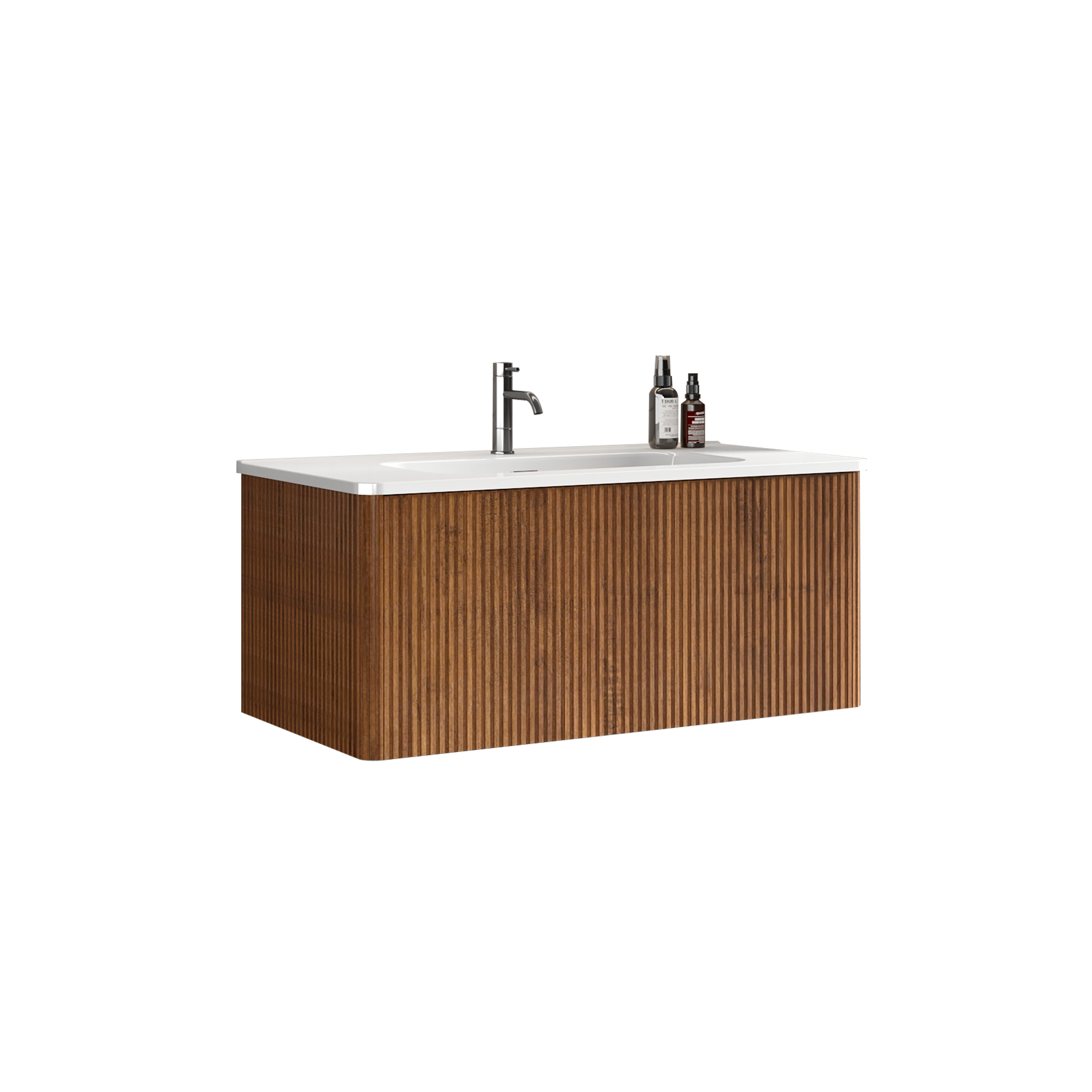 36 inch Wall-Mounted Bathroom Vanity Set in Walnut with Integrated Ceramic Sink