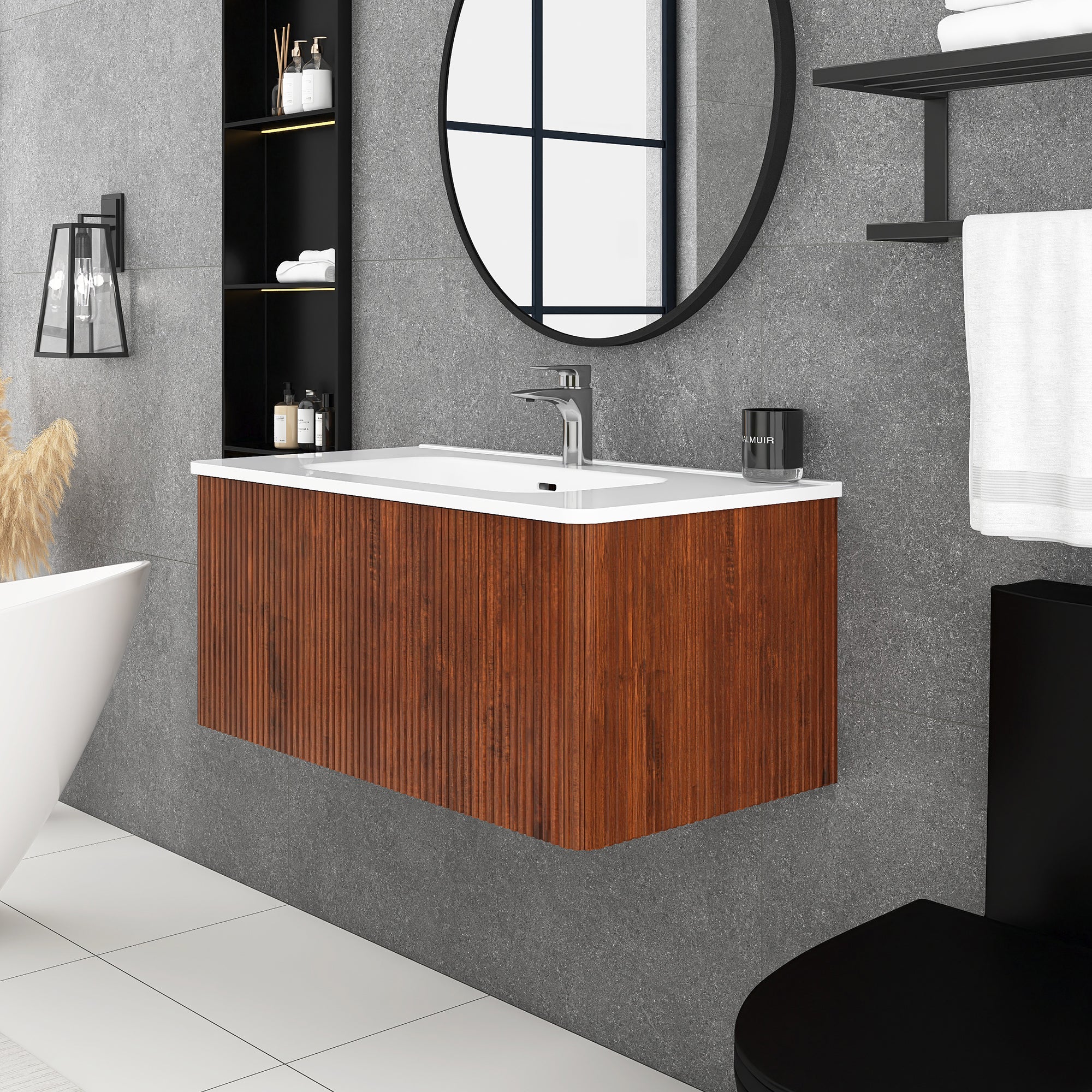 36 inch Wall-Mounted Bathroom Vanity Set in Walnut with Integrated Ceramic Sink