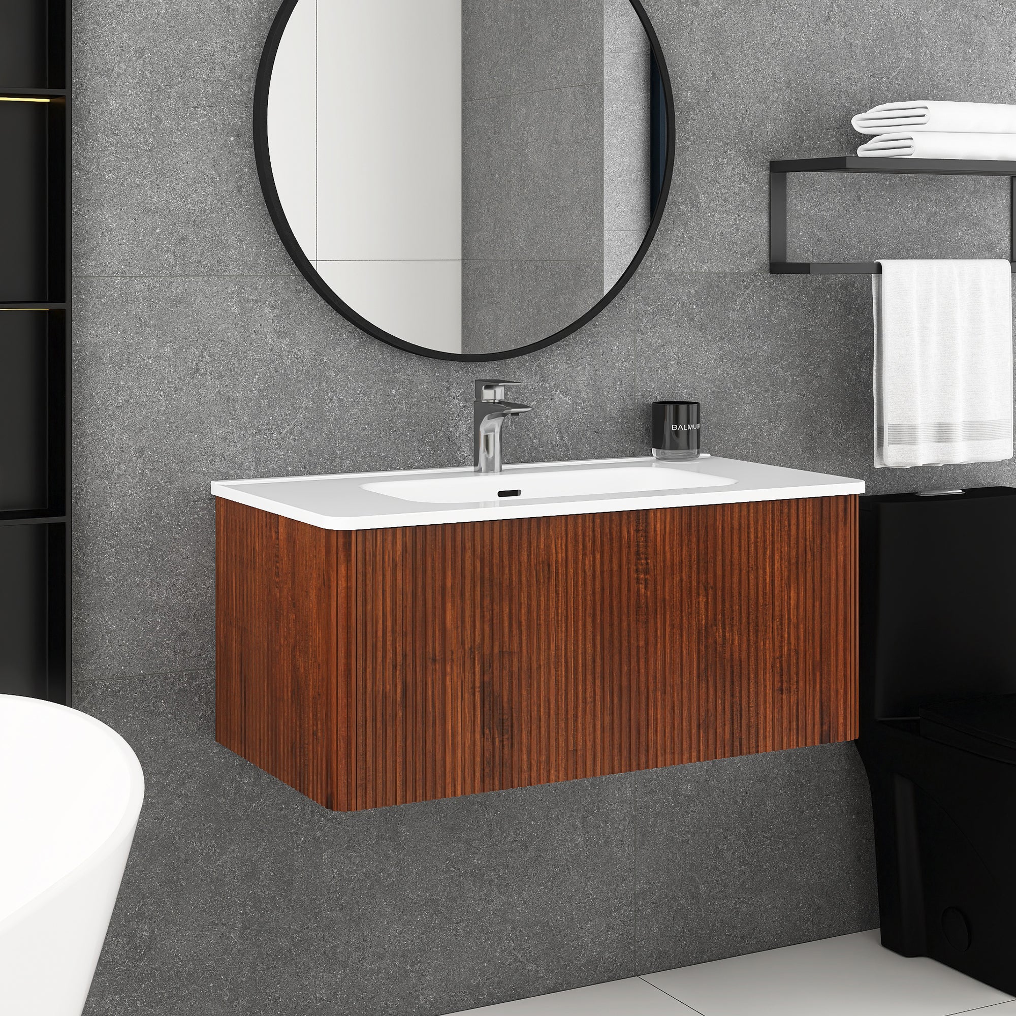36 inch Wall-Mounted Bathroom Vanity Set in Walnut with Integrated Ceramic Sink