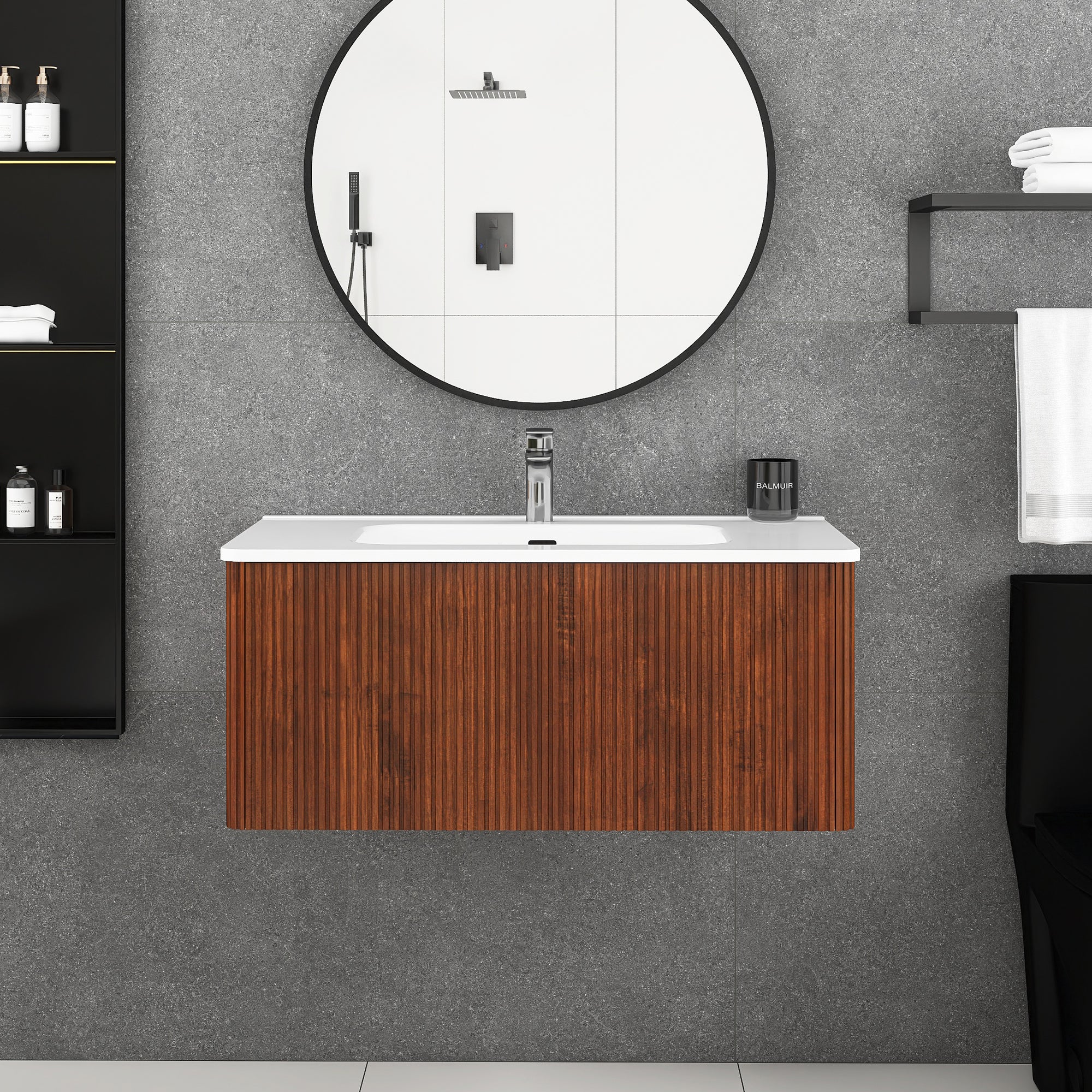 36 inch Wall-Mounted Bathroom Vanity Set in Walnut with Integrated Ceramic Sink