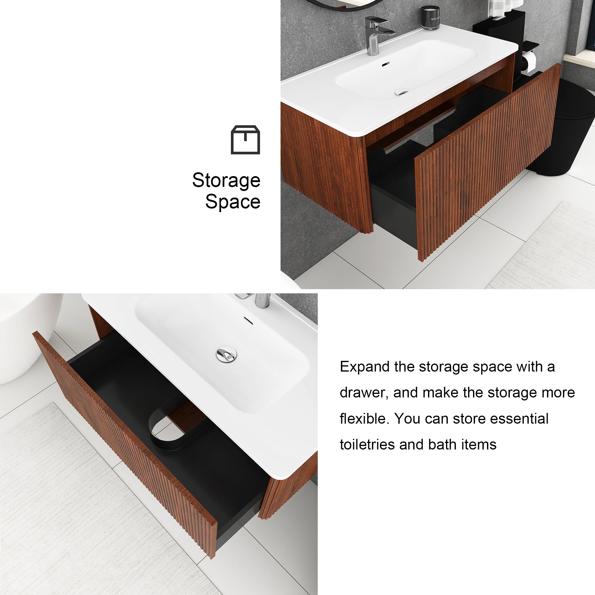 36 inch Wall-Mounted Bathroom Vanity Set in Walnut with Integrated Ceramic Sink