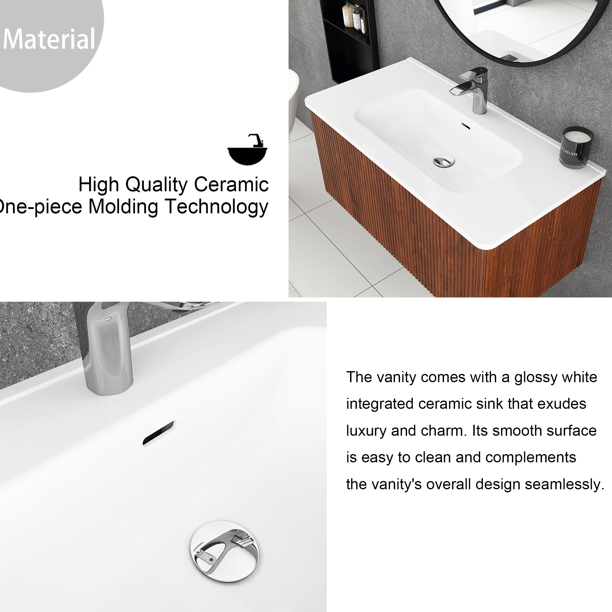 36 inch Wall-Mounted Bathroom Vanity Set in Walnut with Integrated Ceramic Sink
