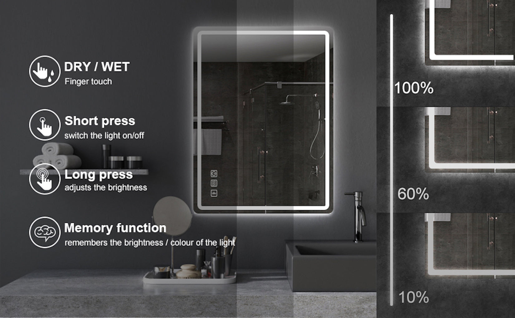 Round Frameless Anti-Fog Multi-functional Wall-Mount LED Bathroom Vanity Mirror