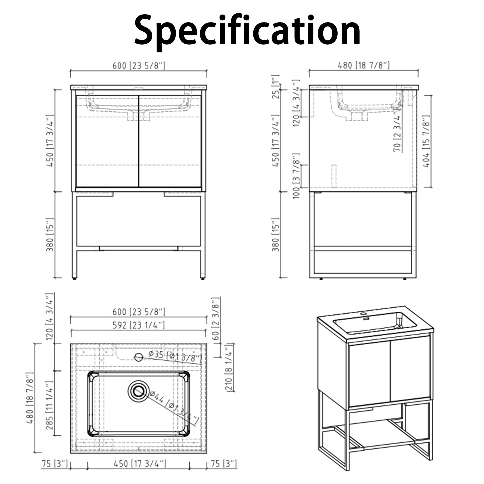 24 in. RW-B Freestanding Bathroom Vanity Set with Integrated Sink
