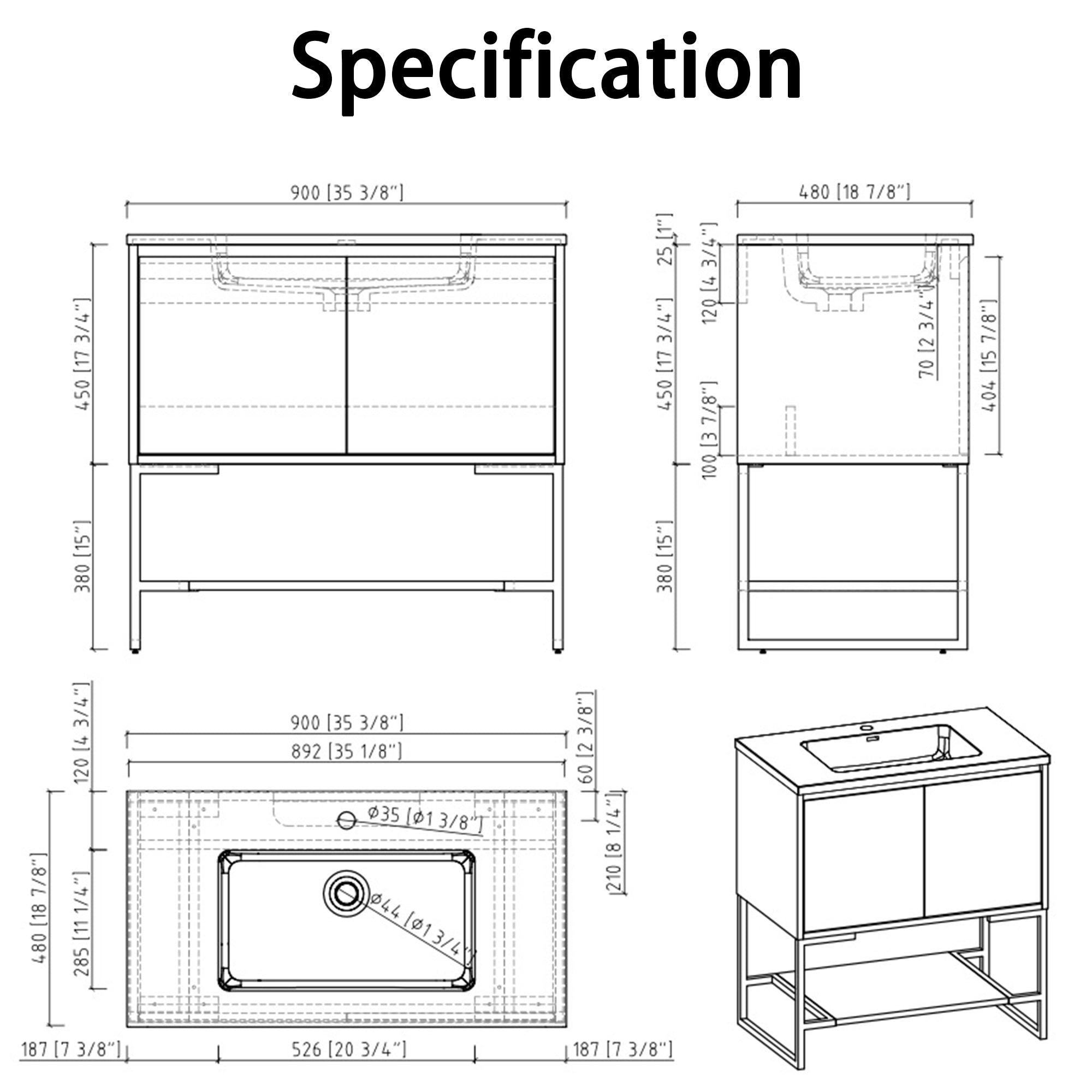 36 in. OAK-W Freestanding Bathroom Vanity Set with Integrated Sink