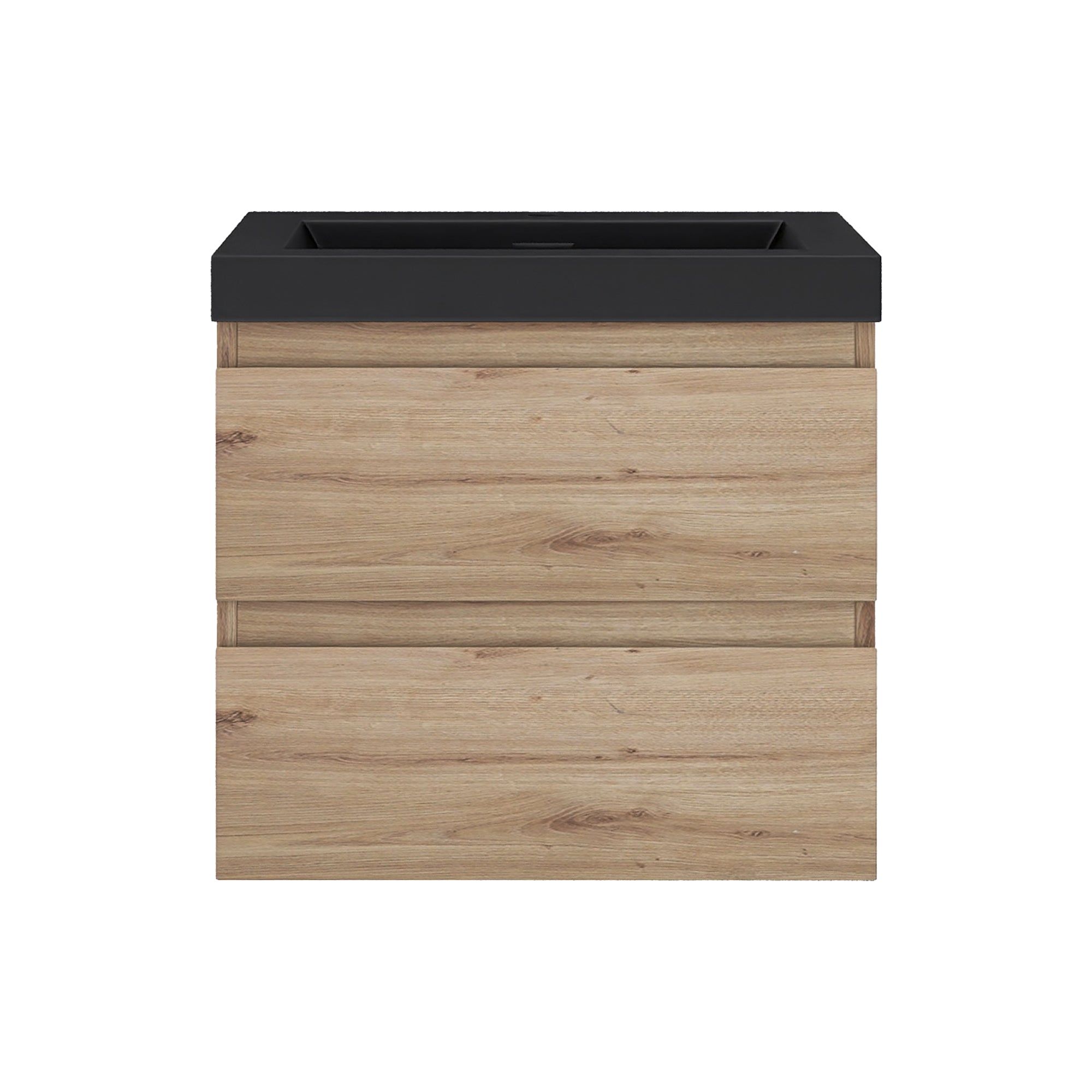 Wall Mounted Bathroom Vanity in F. Oak with soft- closing drawers with Black Cultured Marble Top