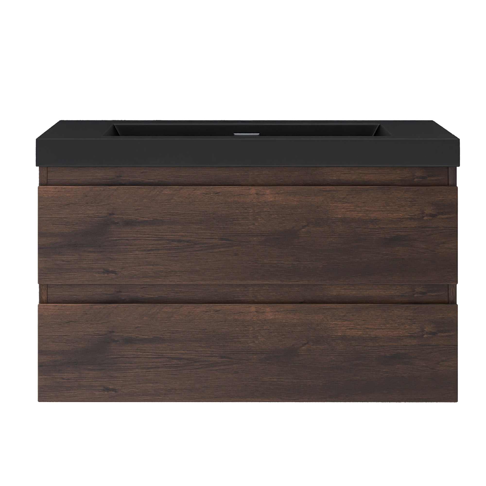 Wall Mounted Bathroom Vanity in Rose Wood with Soft-closing Drawers Black Cultured Marble Sink