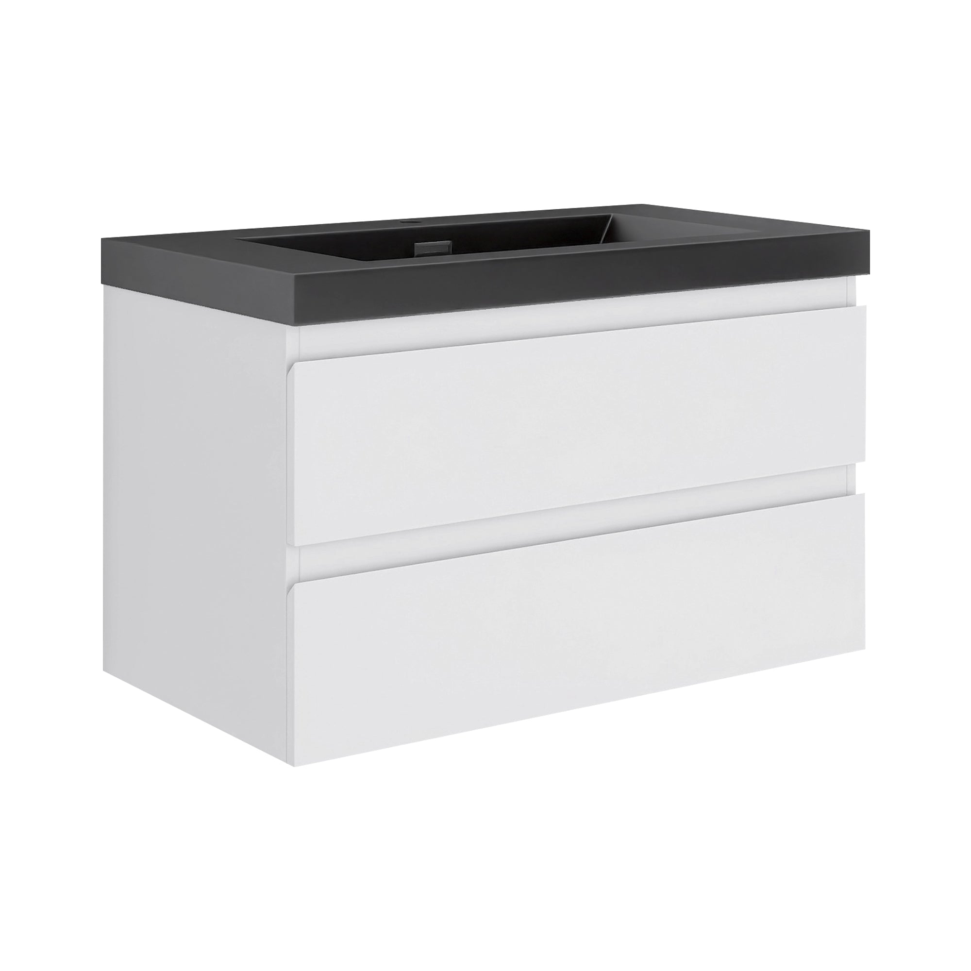 Wall Mounted Bathroom Vanity Set in White with Integrated Black Resin Sink with Drain