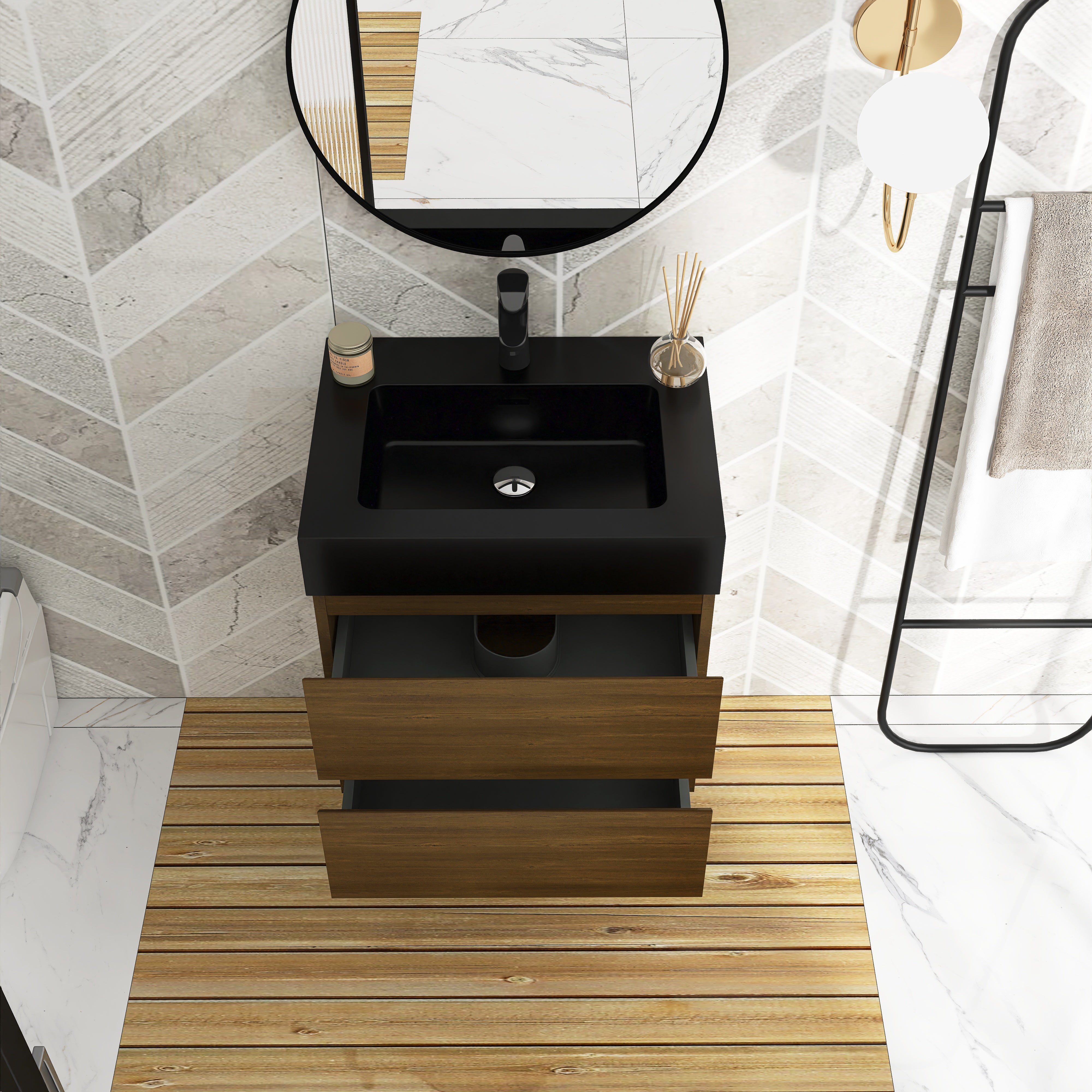 Wall-Mounted Bathroom Vanity Set with 2 Drawers and  Black Solid Surface Sink