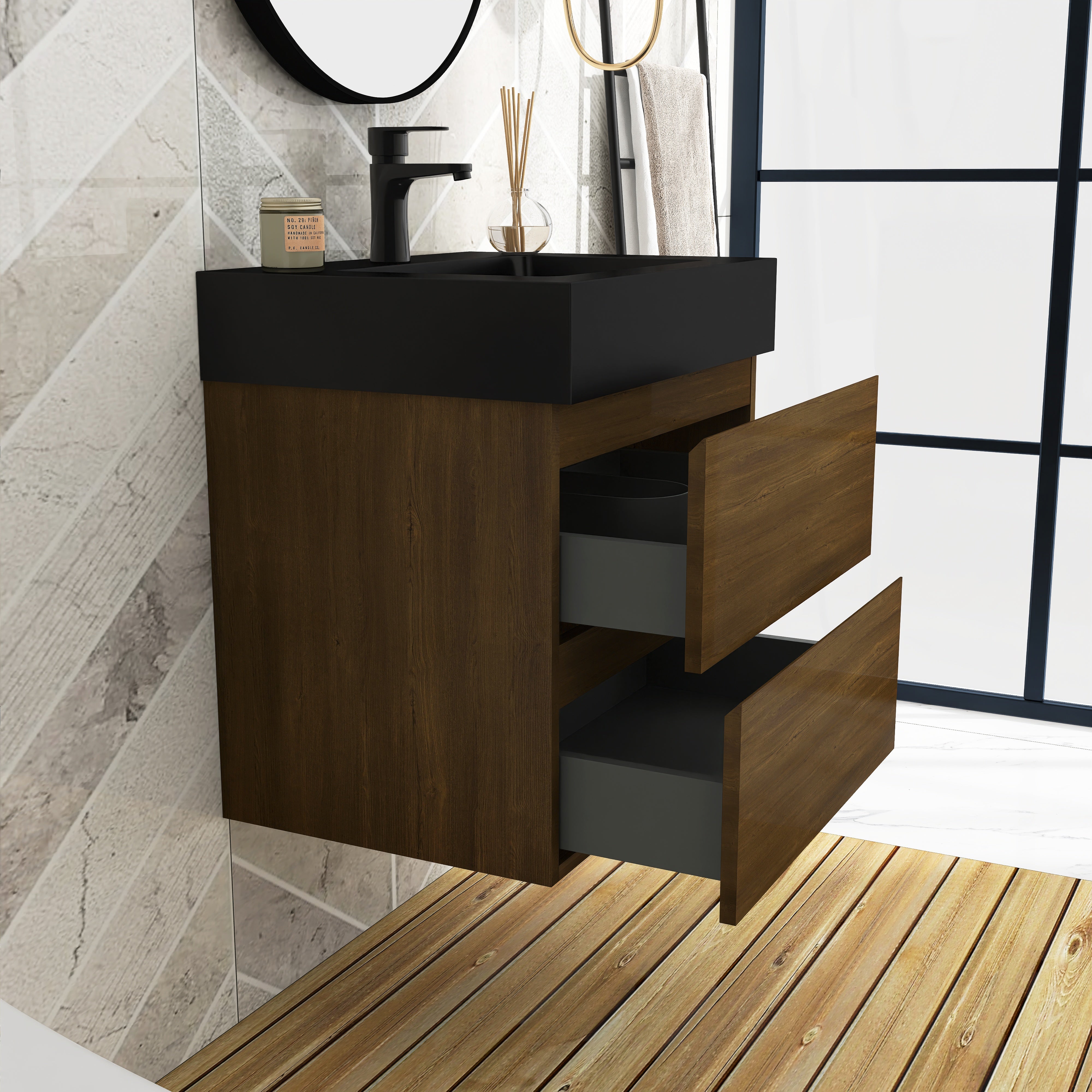 Wall-Mounted Bathroom Vanity Set with 2 Drawers and  Black Solid Surface Sink