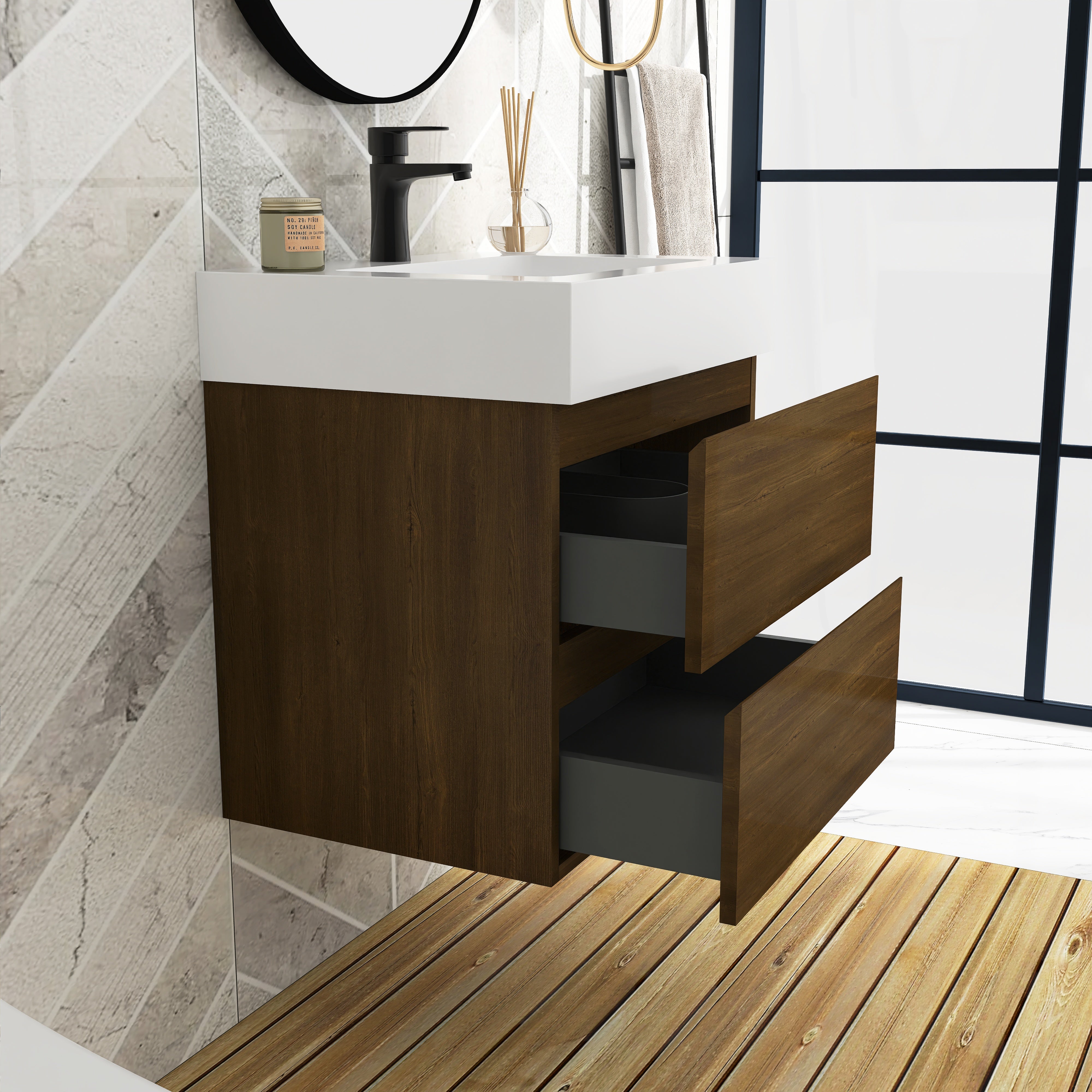 Wall-Mounted Bathroom Vanity Set with 2 Drawers and  Black Solid Surface Sink