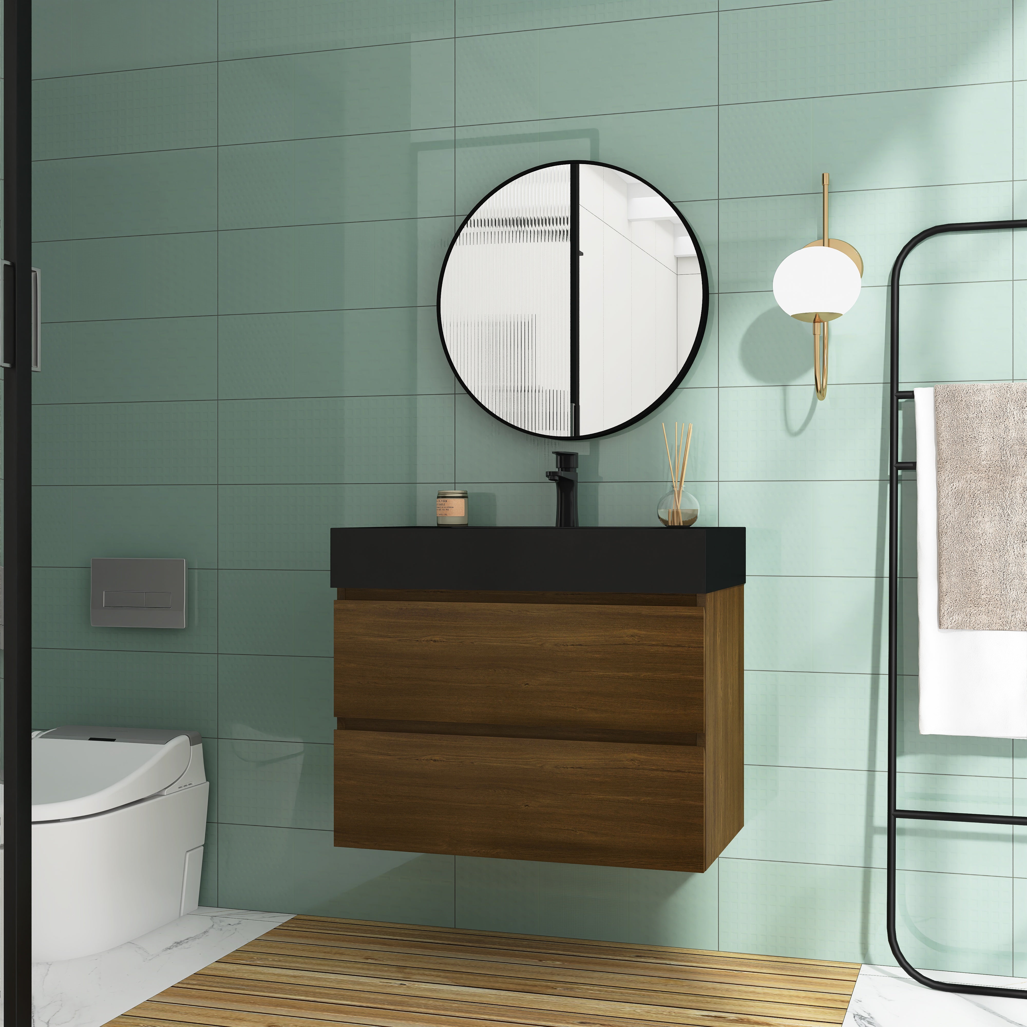 Wall-Mounted Bathroom Vanity Set with 2 Drawers and  Black Solid Surface Sink