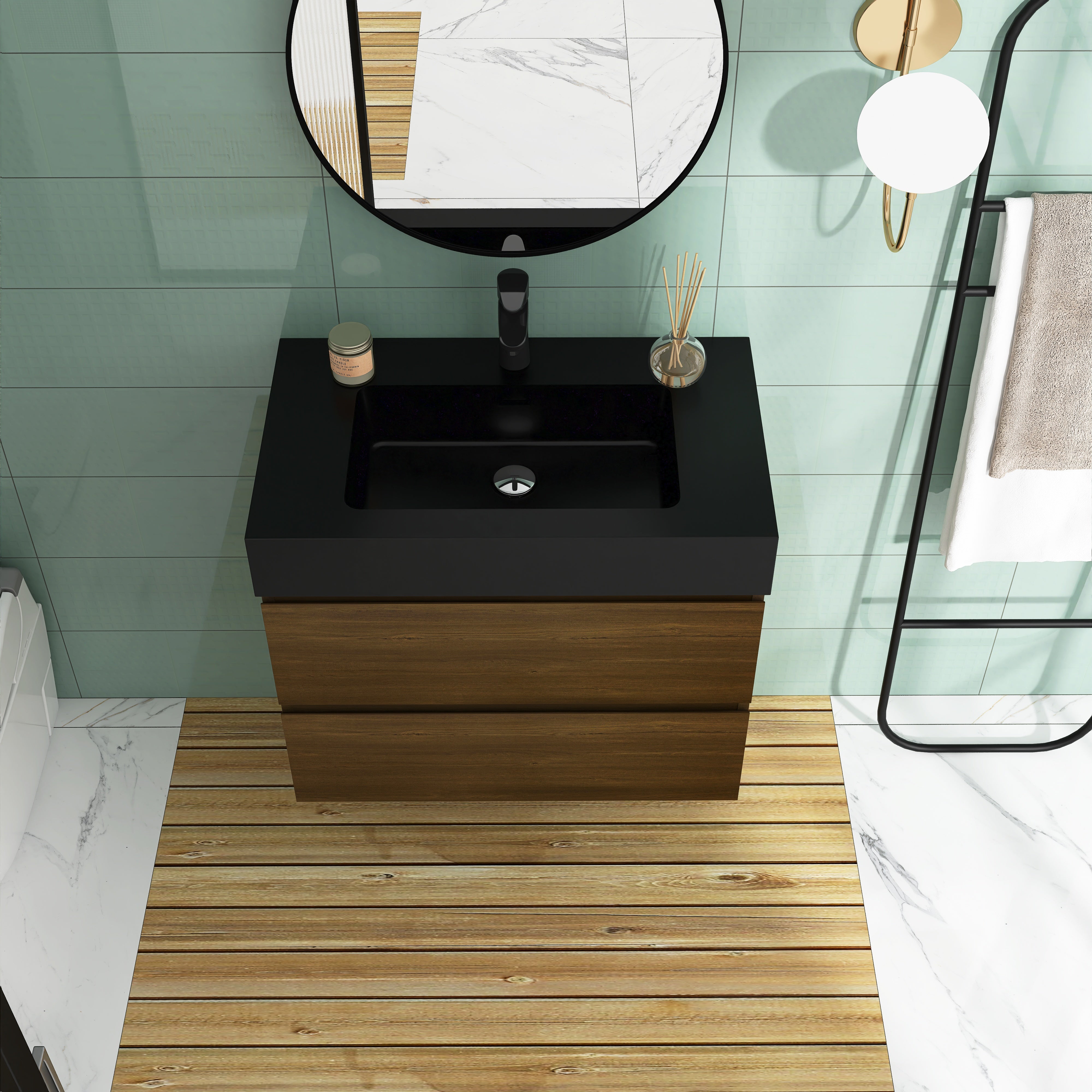 Wall-Mounted Bathroom Vanity Set with 2 Drawers and  Black Solid Surface Sink