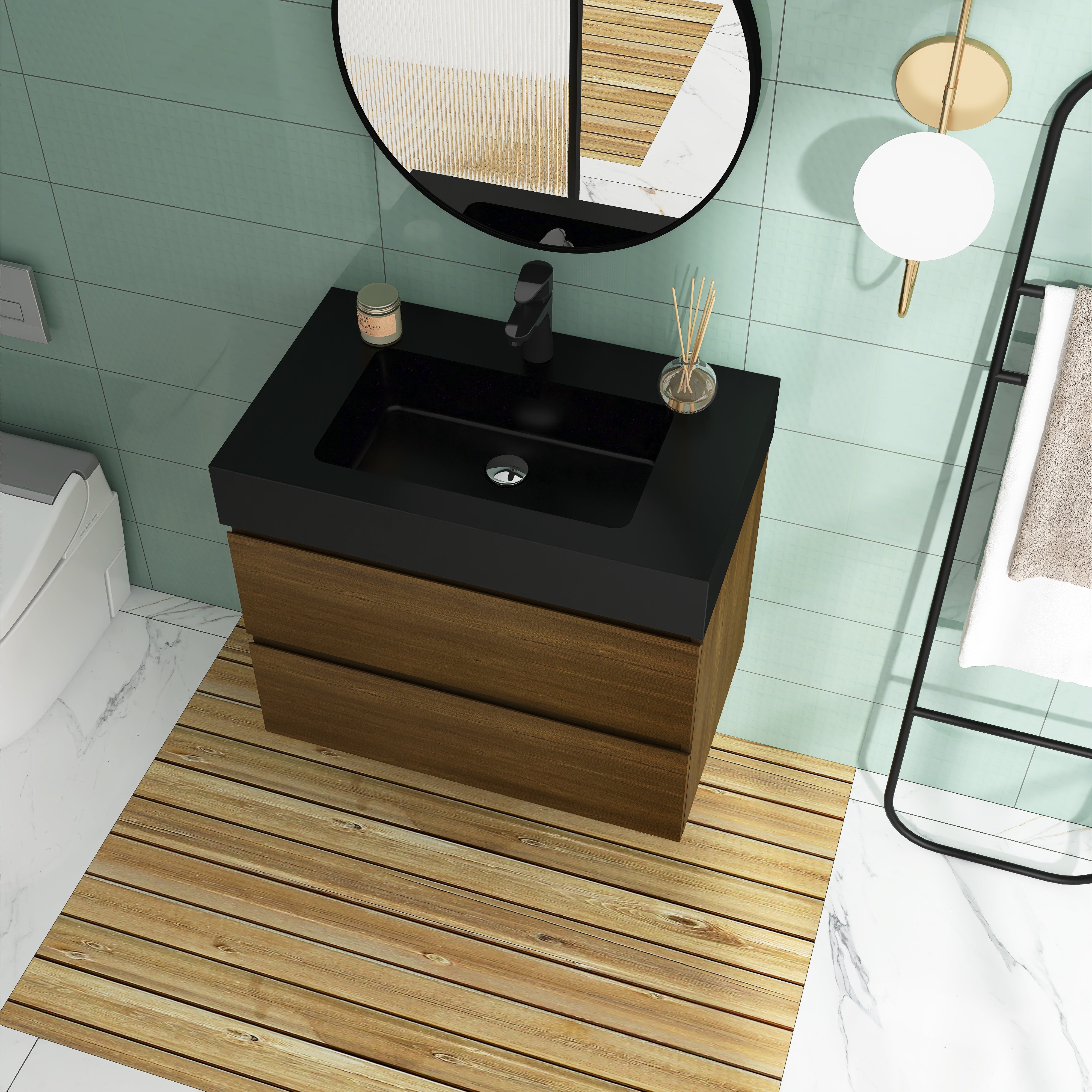 Wall-Mounted Bathroom Vanity Set with 2 Drawers and  Black Solid Surface Sink