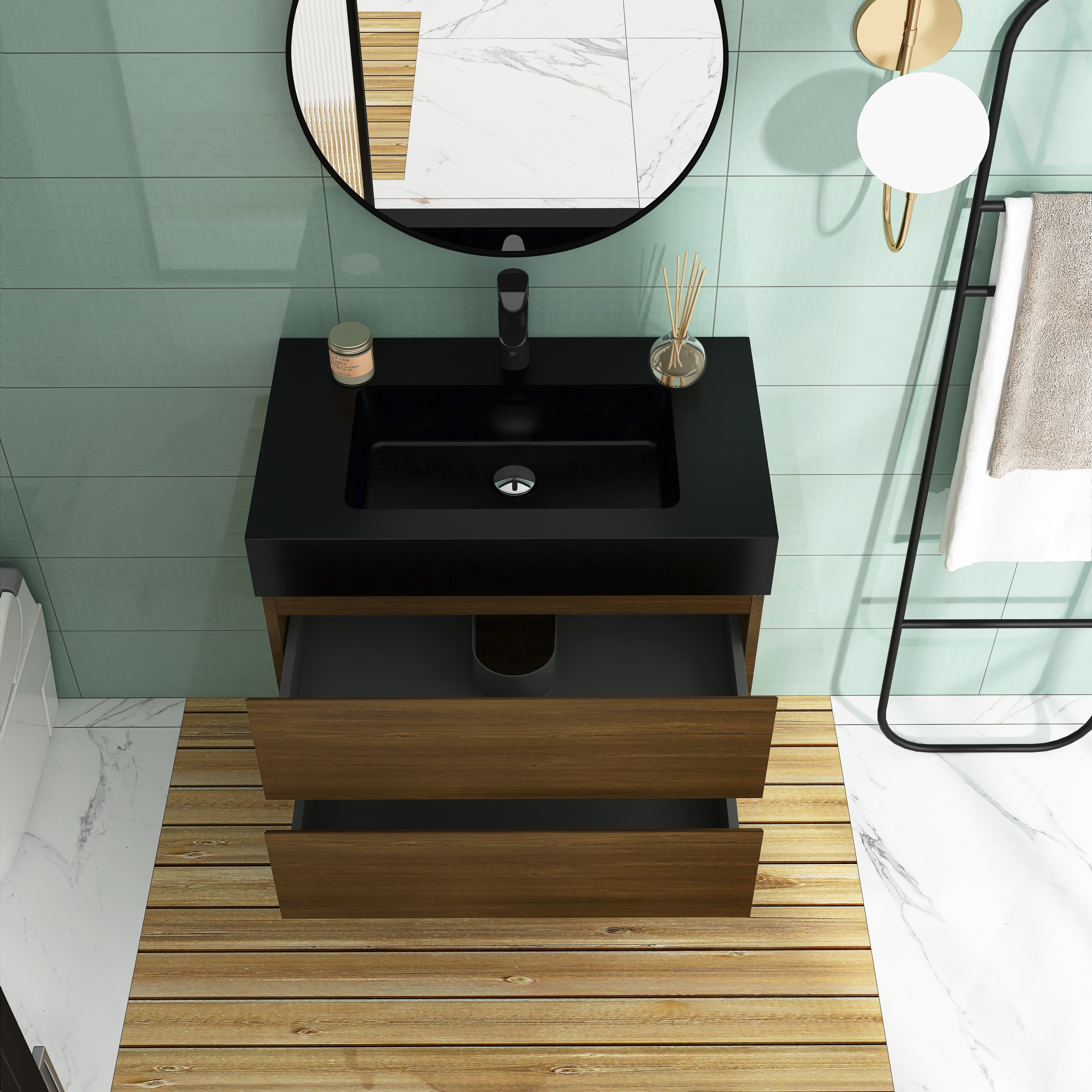 Wall-Mounted Bathroom Vanity Set with 2 Drawers and  Black Solid Surface Sink