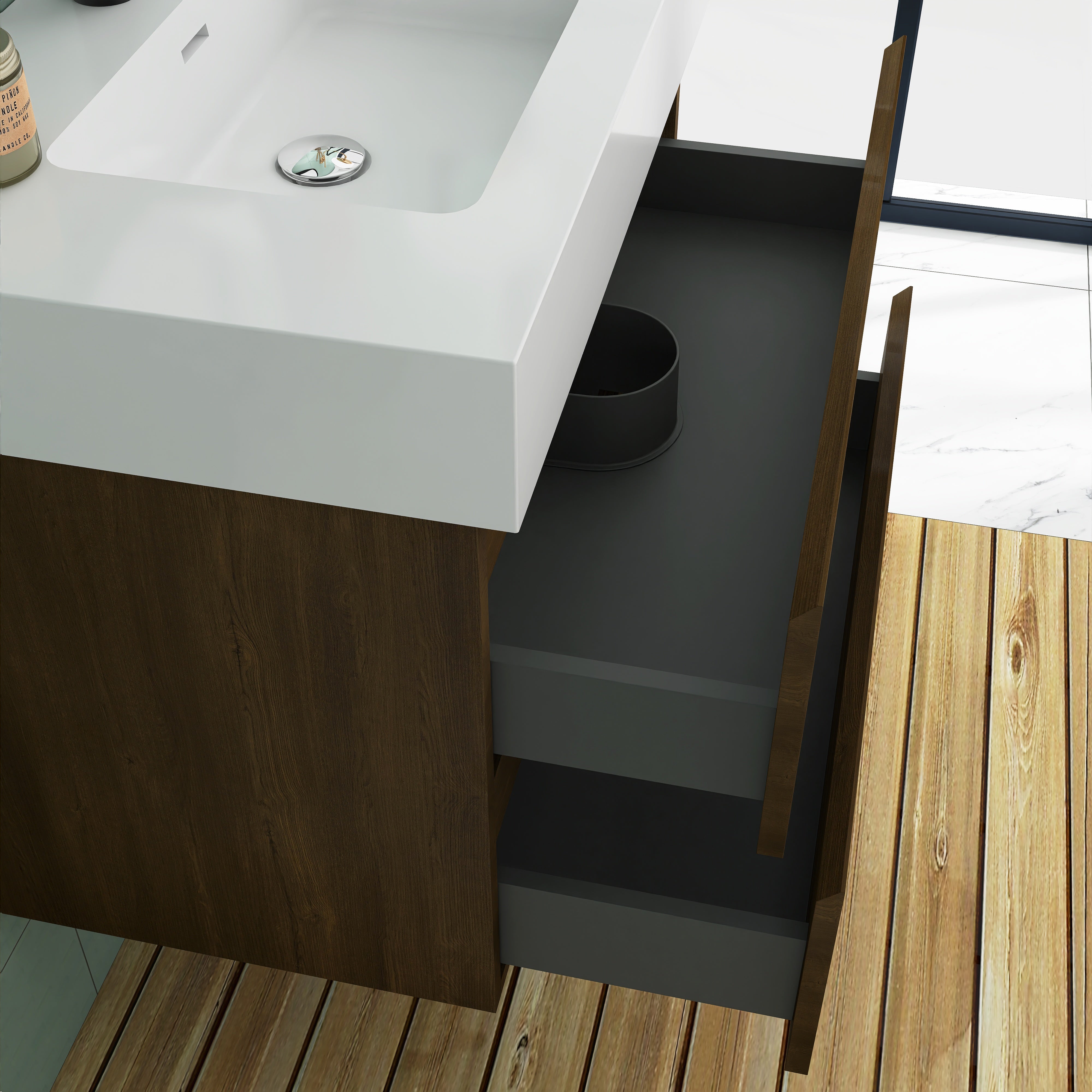 Wall-Mounted Bathroom Vanity Set with 2 Drawers and  Black Solid Surface Sink