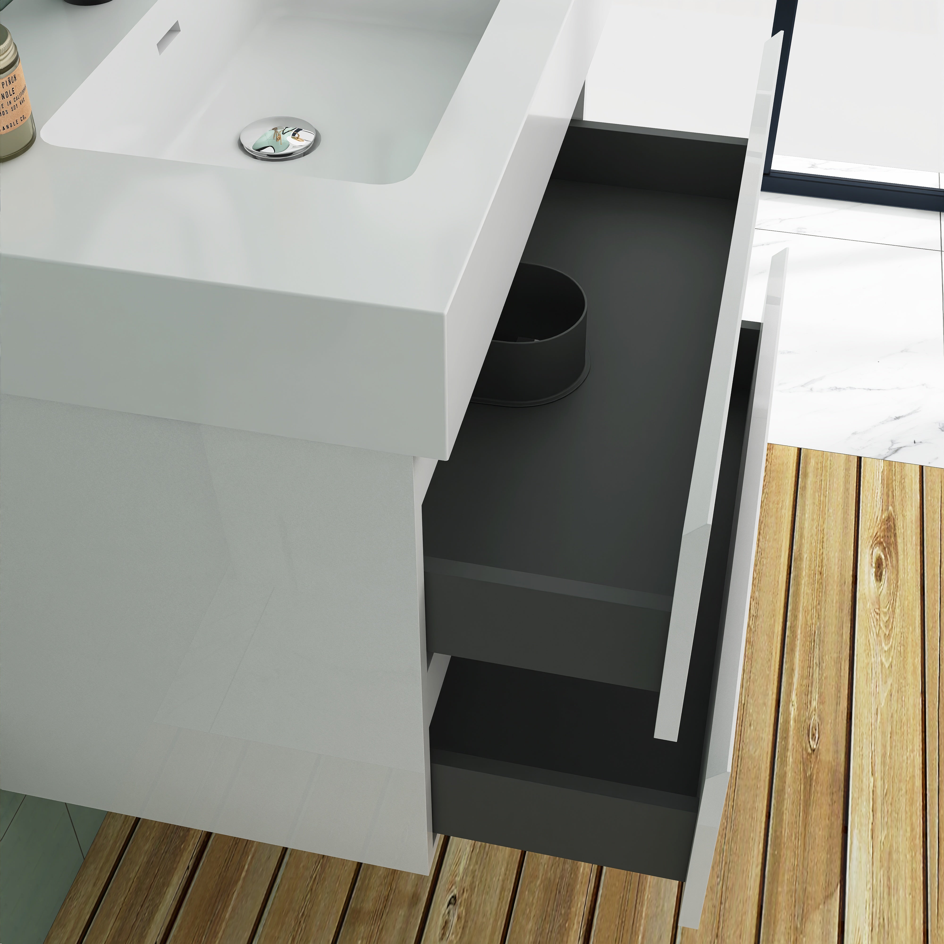 Wood Wall-Mounted Bathroom Vanity Set with Integrated Solid Surface Sink