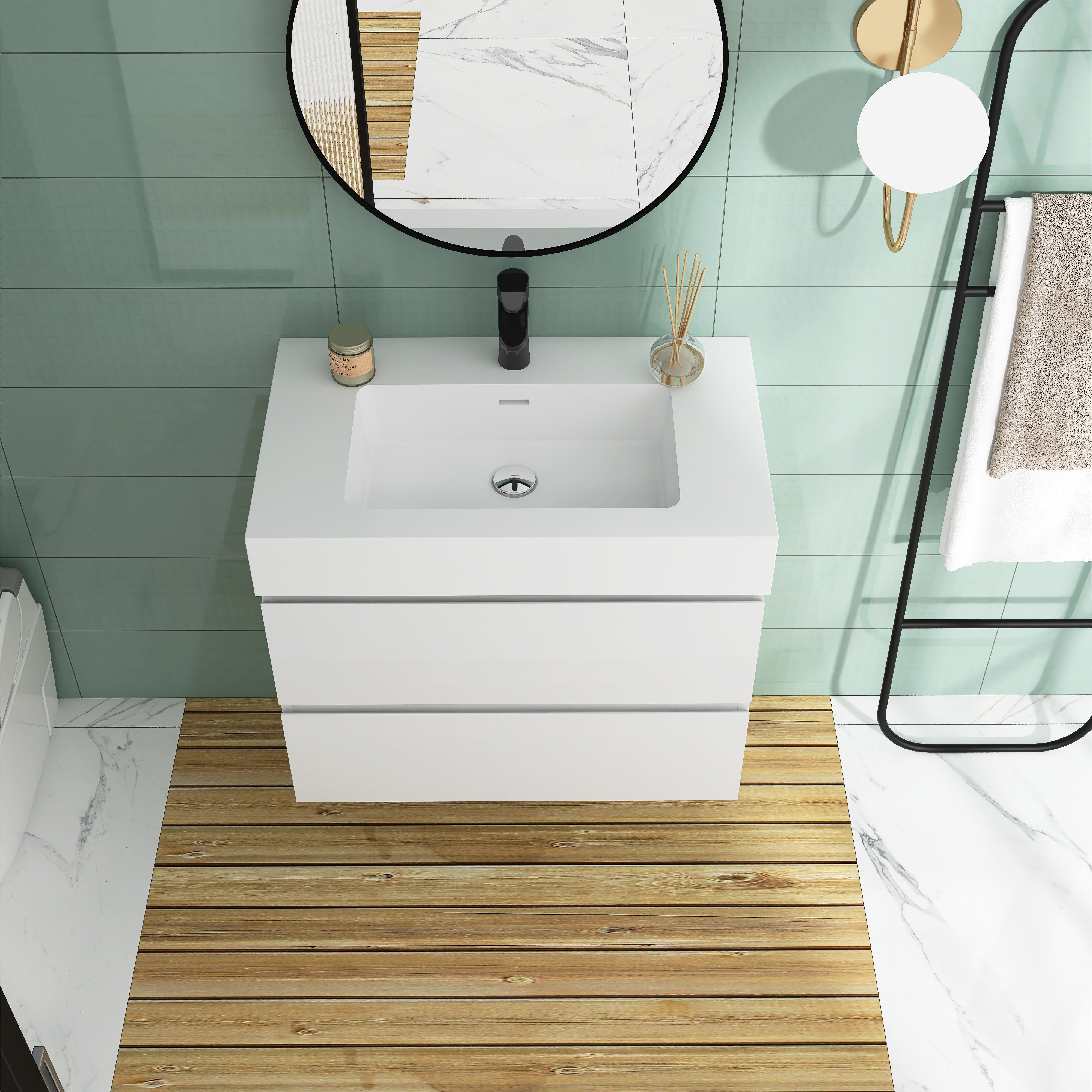 Wood Wall-Mounted Bathroom Vanity Set with Integrated Solid Surface Sink