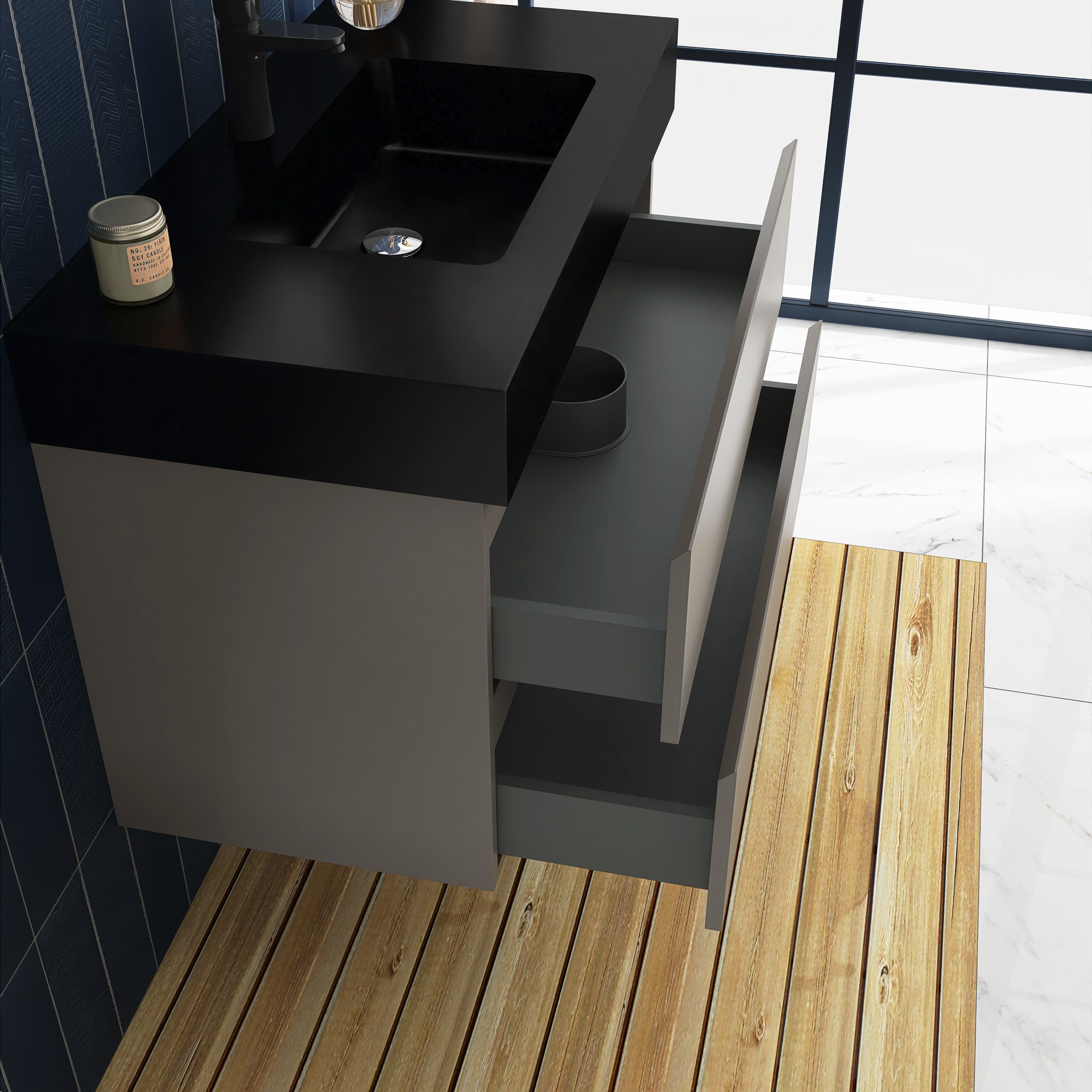 36 in. W x 18 in. D x 25 in. H Wall-Mounted Bath Vanity in Walnut with Black Solid Surface Top