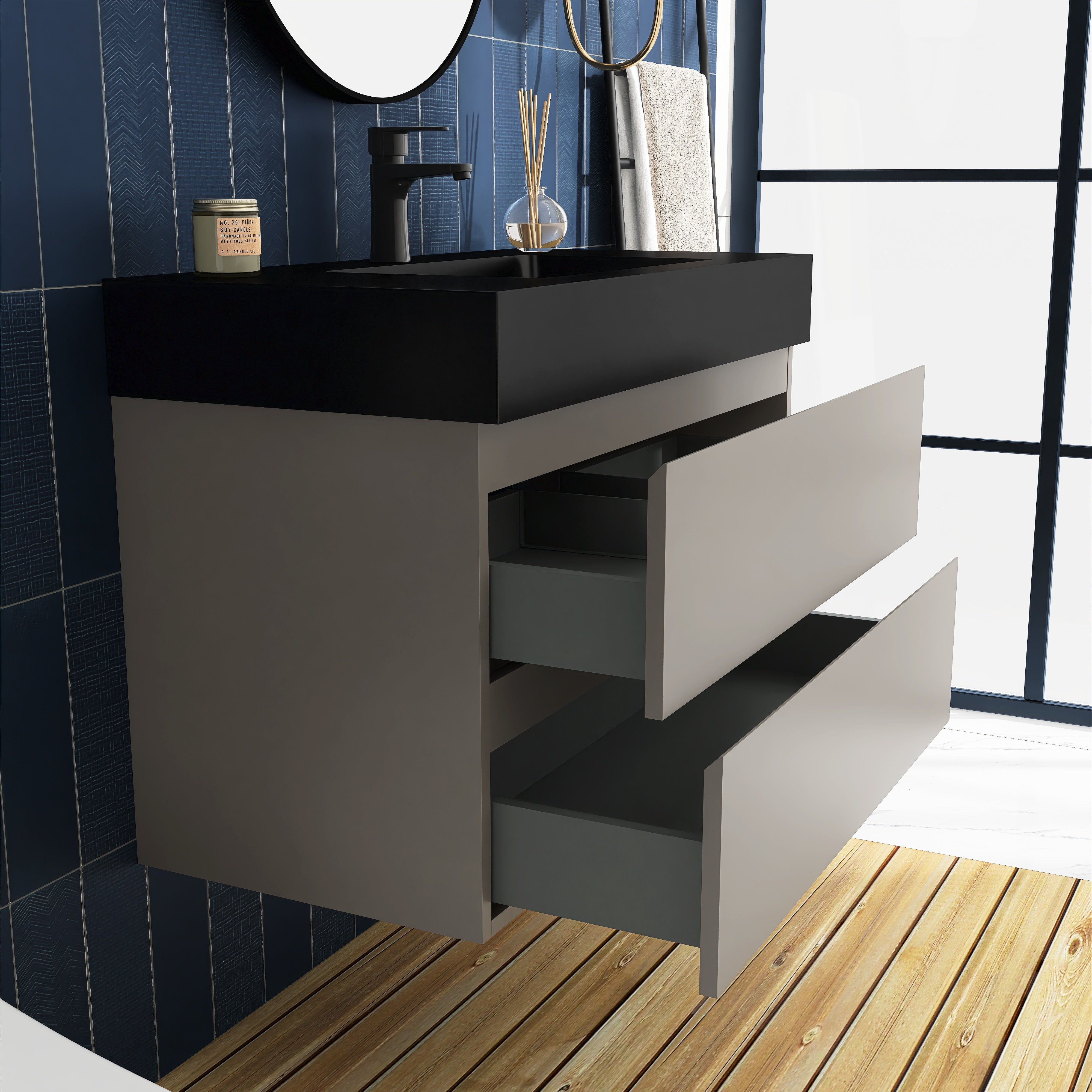 36 in. W x 18 in. D x 25 in. H Wall-Mounted Bath Vanity in Walnut with Black Solid Surface Top
