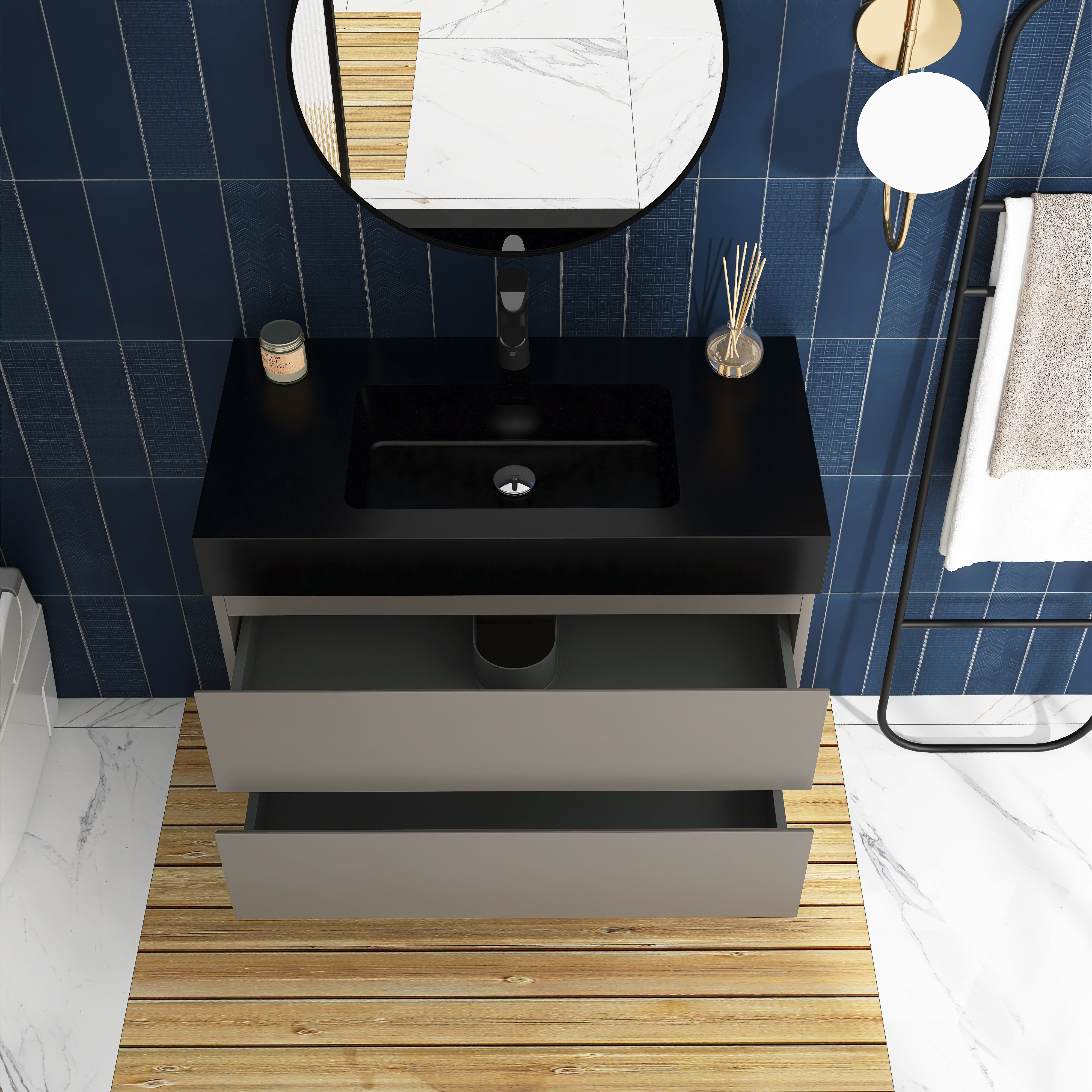 36 in. W x 18 in. D x 25 in. H Wall-Mounted Bath Vanity in Walnut with Black Solid Surface Top