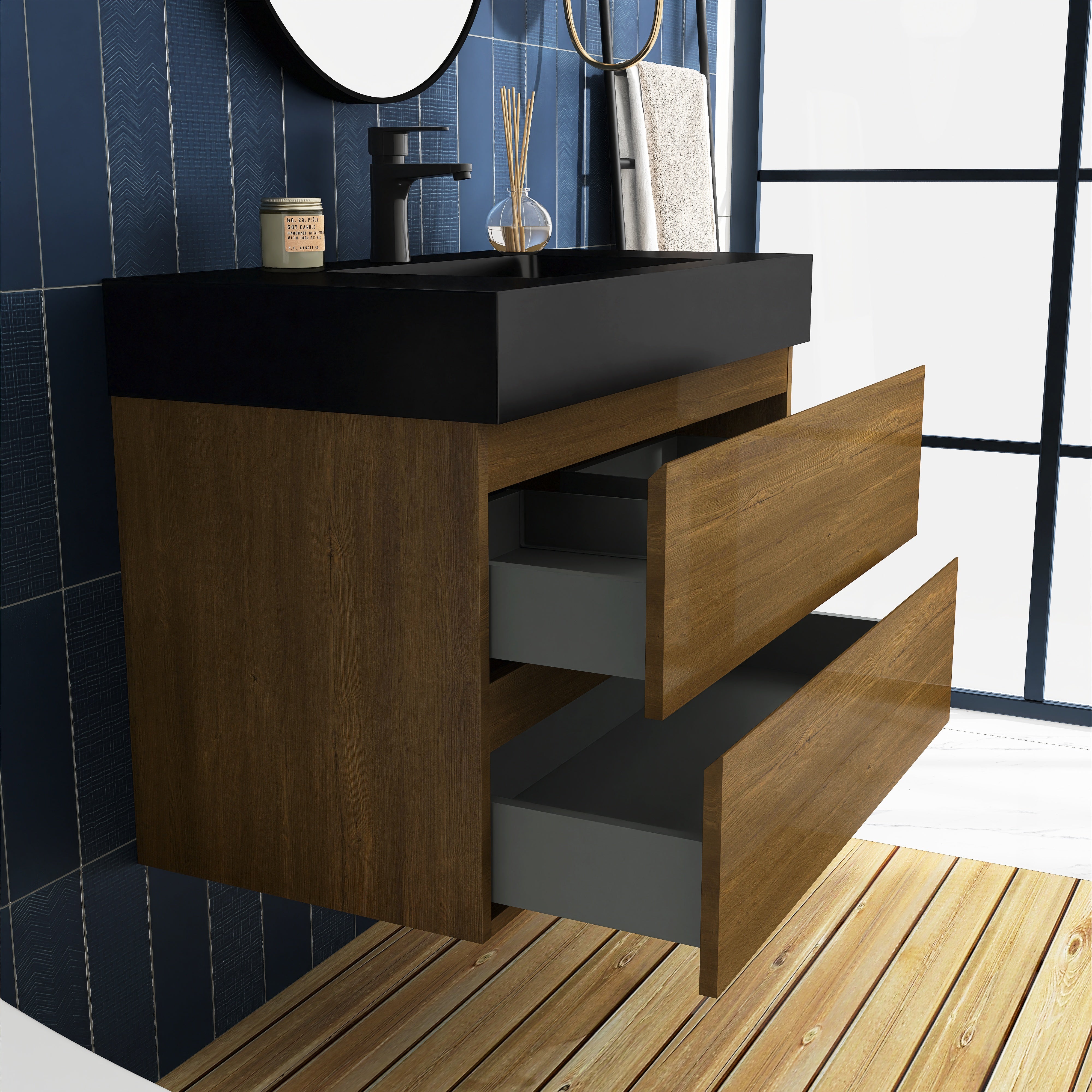 Wall-Mounted Bathroom Vanity Set with 2 Drawers and  Black Solid Surface Sink