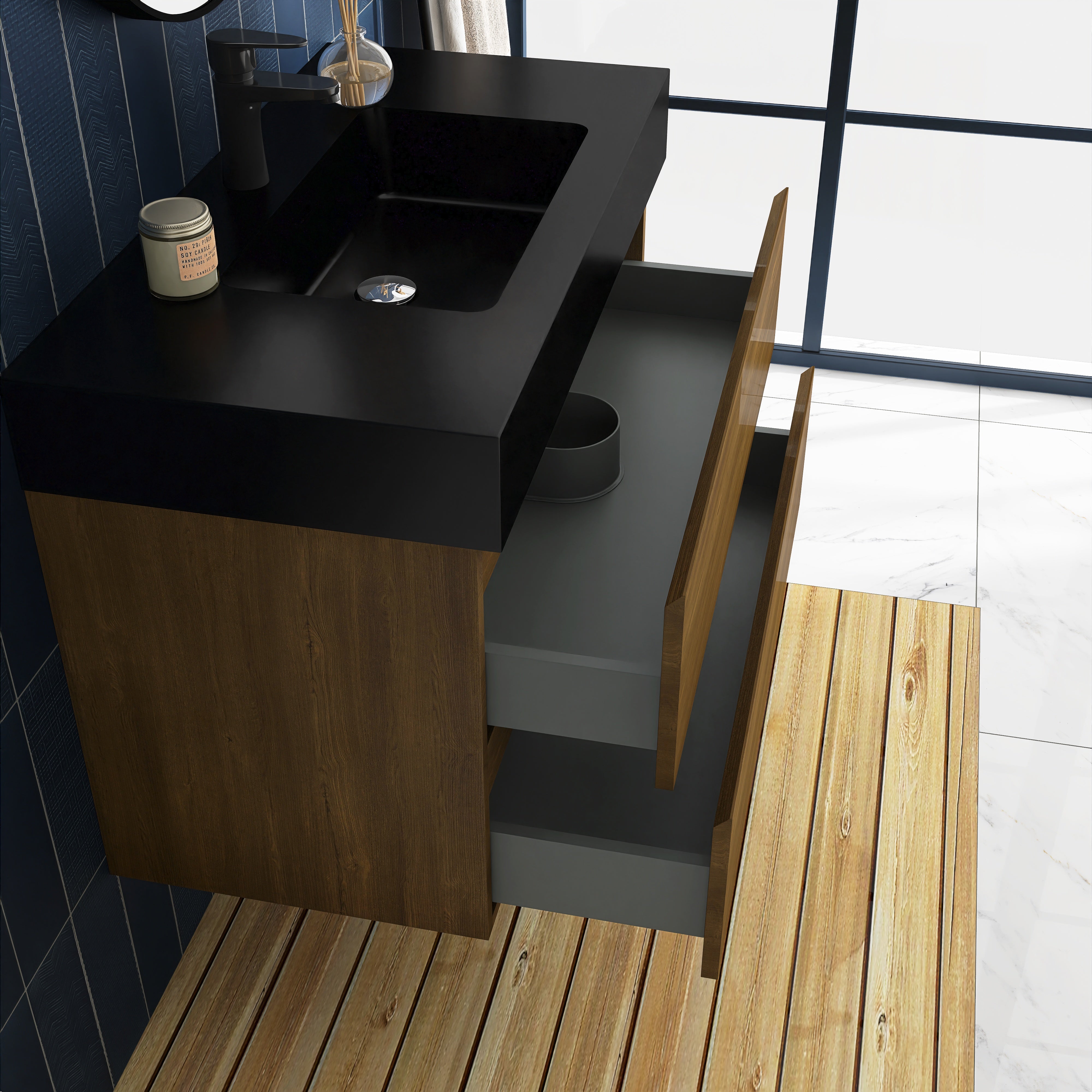 Wall-Mounted Bathroom Vanity Set with 2 Drawers and  Black Solid Surface Sink