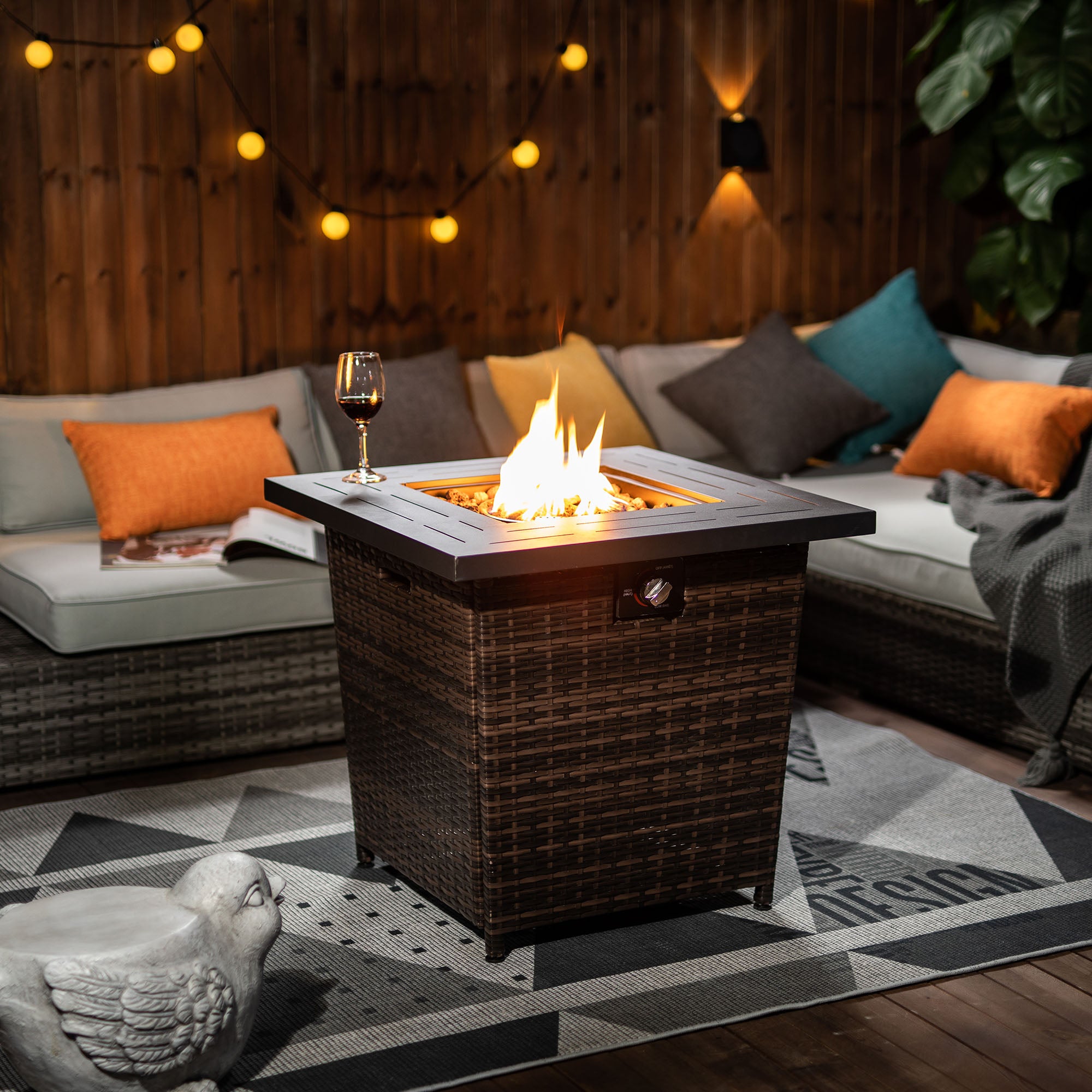 28 in Rattan Fire Pit Table Propane/ Liquefied Petroleum Gas in Black and Brown