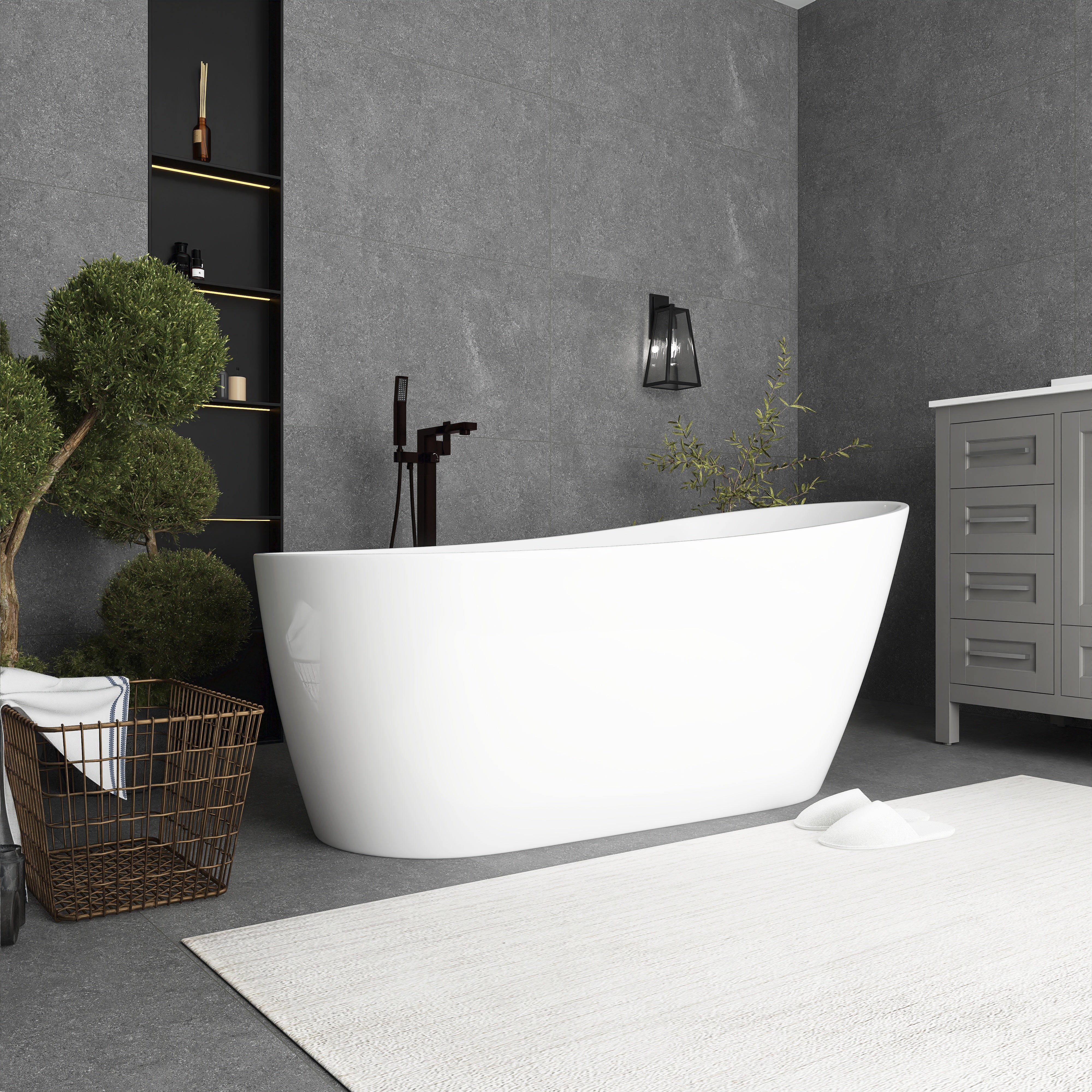 55"/59"/63" Acrylic Single Slipper Freestanding Soaking Bathtub in White
