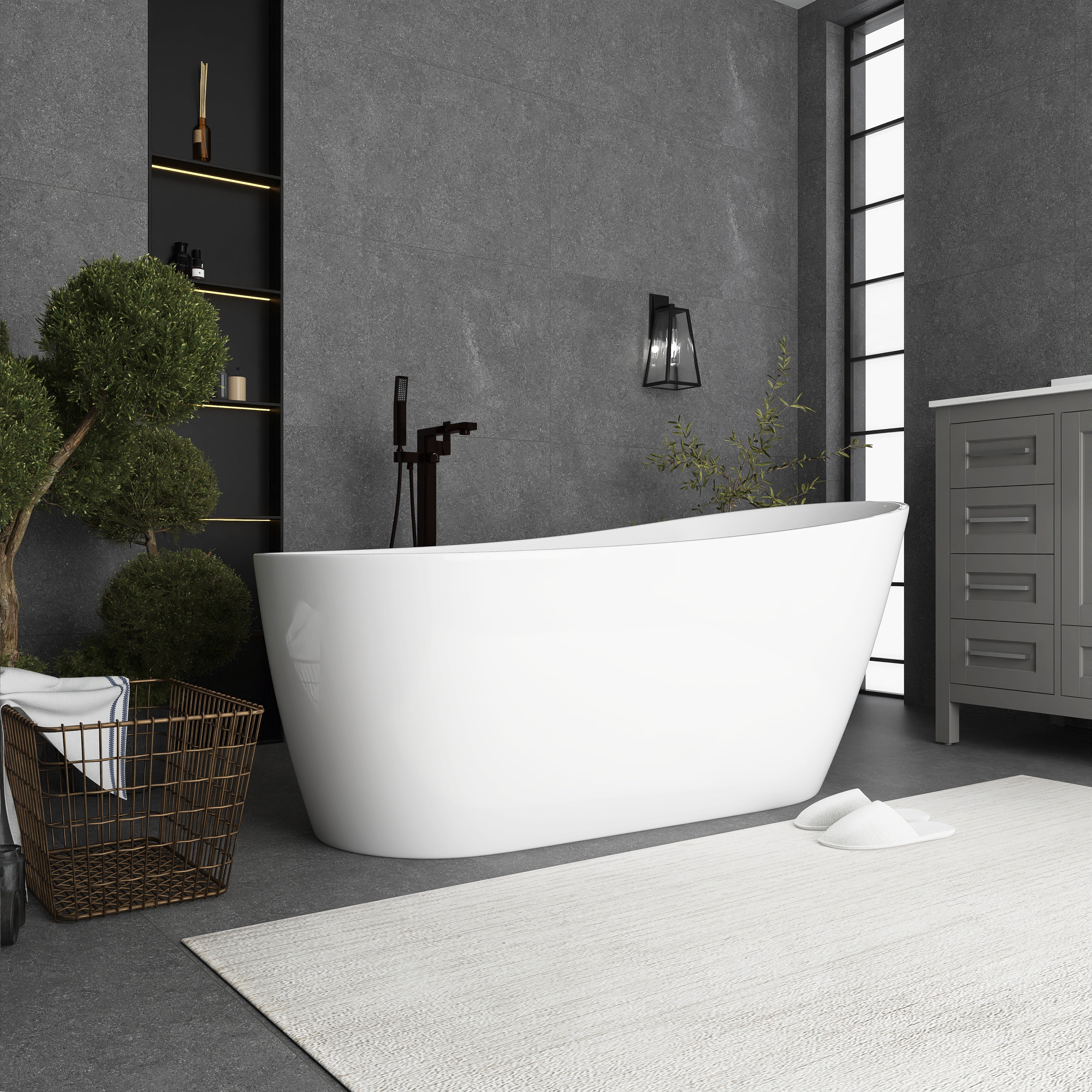 55"/59"/63" Acrylic Single Slipper Freestanding Soaking Bathtub in White