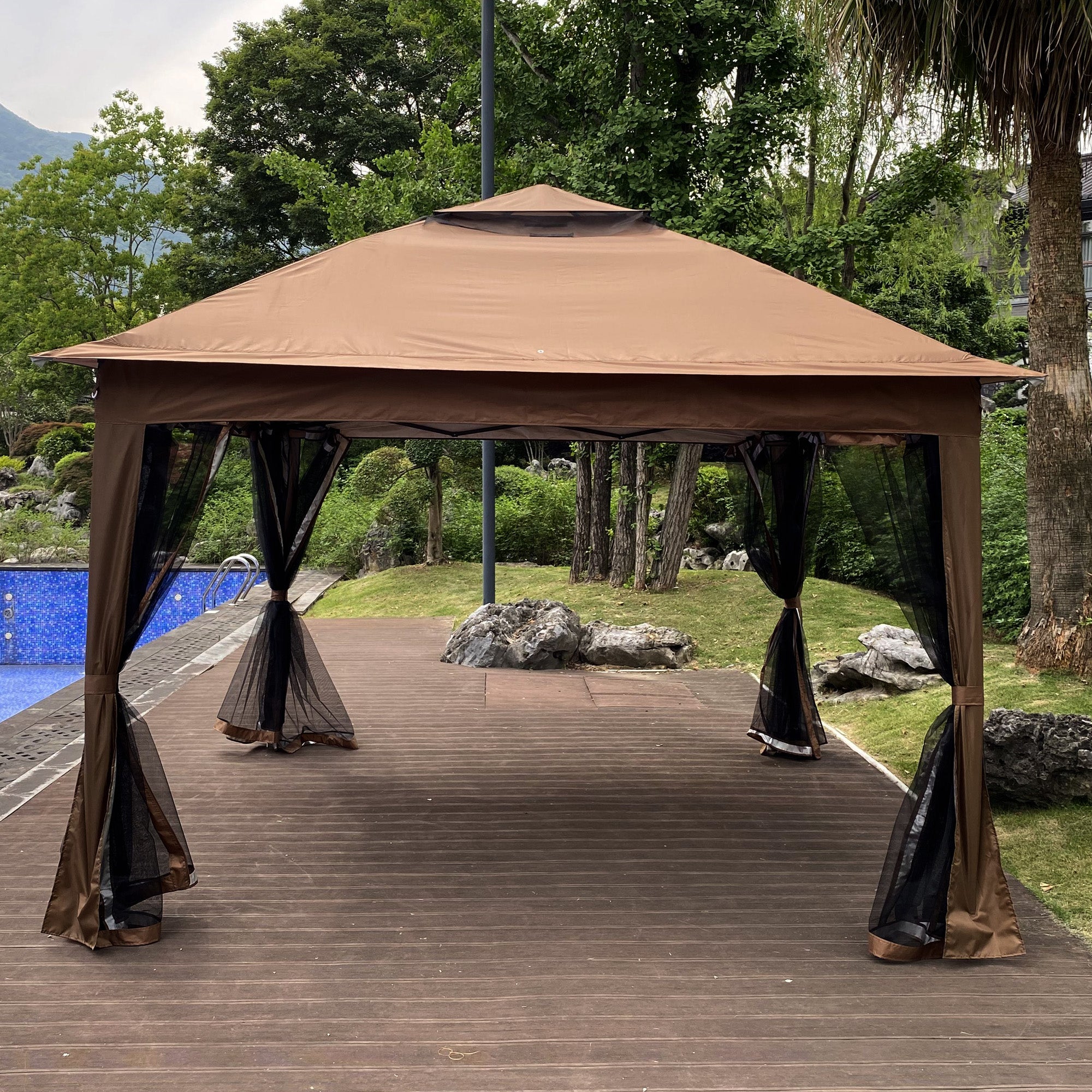 11' X 11 ' Brown Steel Polyester Soft-Top Outdoor Pop-Up Gazebo Canopy