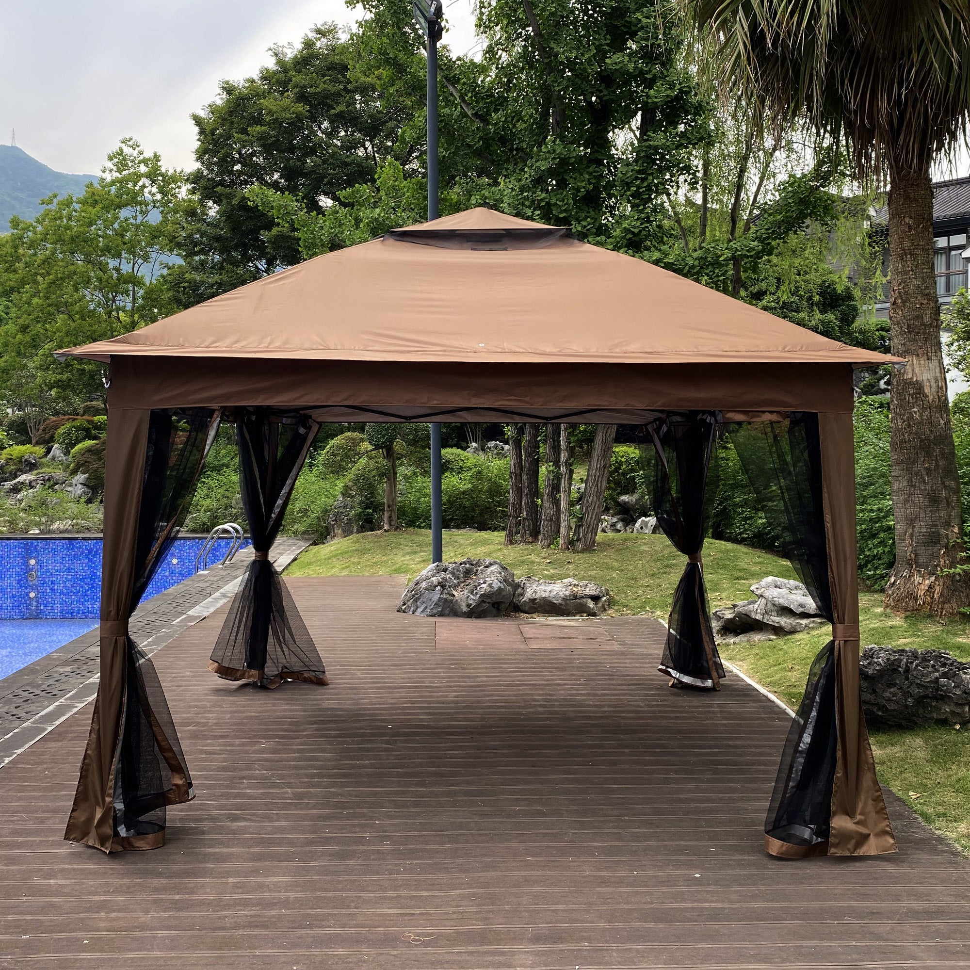 11' X 11 ' Brown Steel Polyester Soft-Top Outdoor Pop-Up Gazebo Canopy