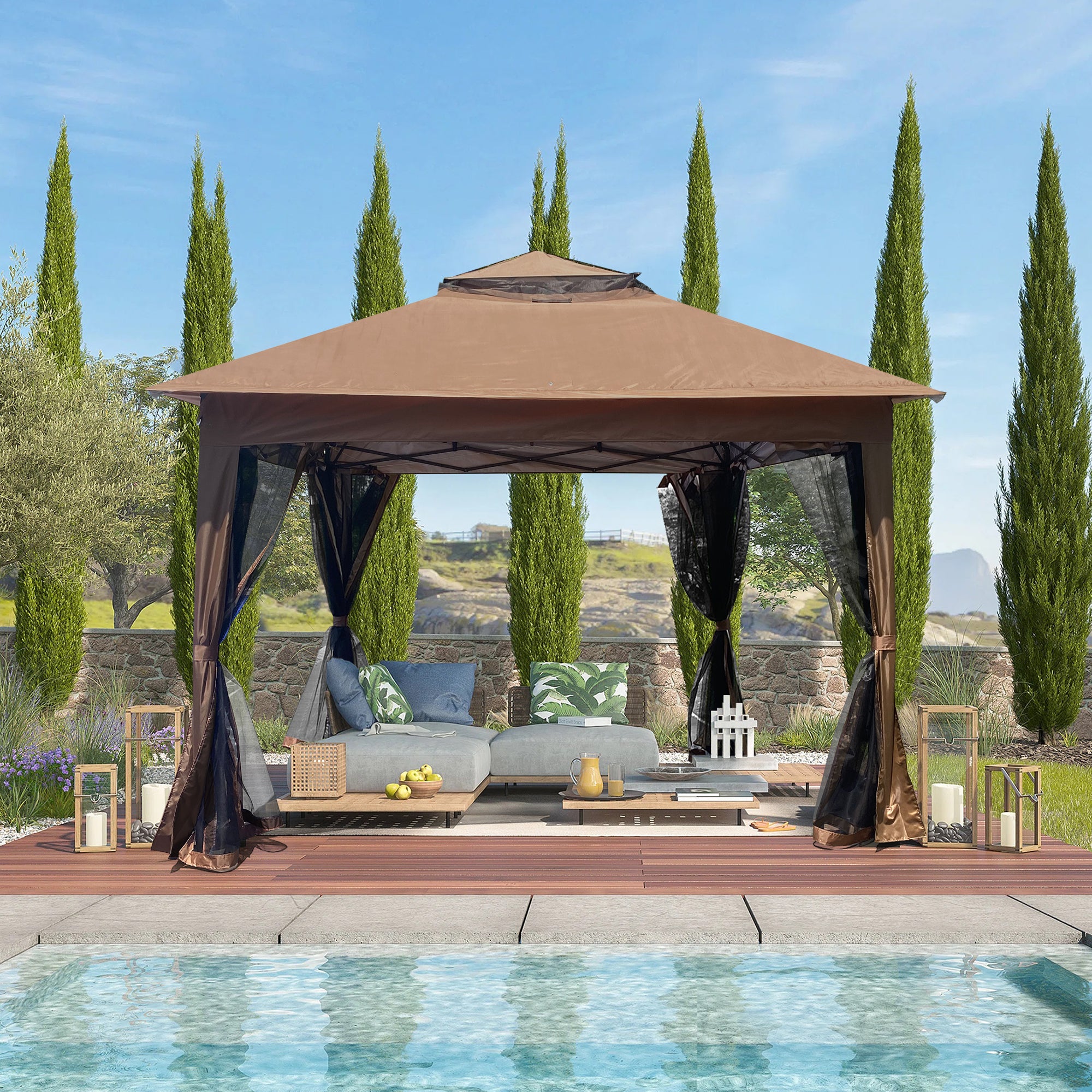 11' X 11 ' Brown Steel Polyester Soft-Top Outdoor Pop-Up Gazebo Canopy