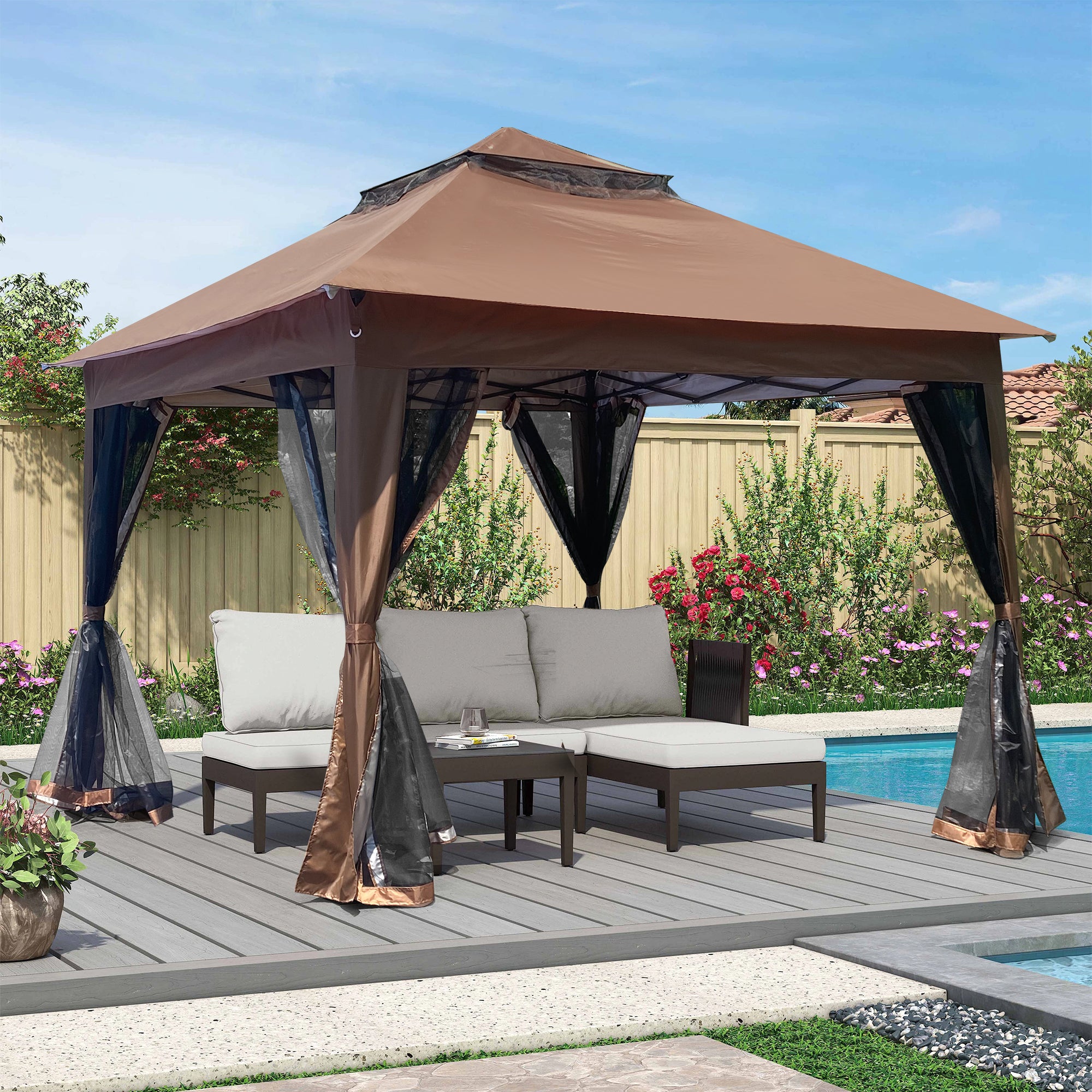 11' X 11 ' Brown Steel Polyester Soft-Top Outdoor Pop-Up Gazebo Canopy