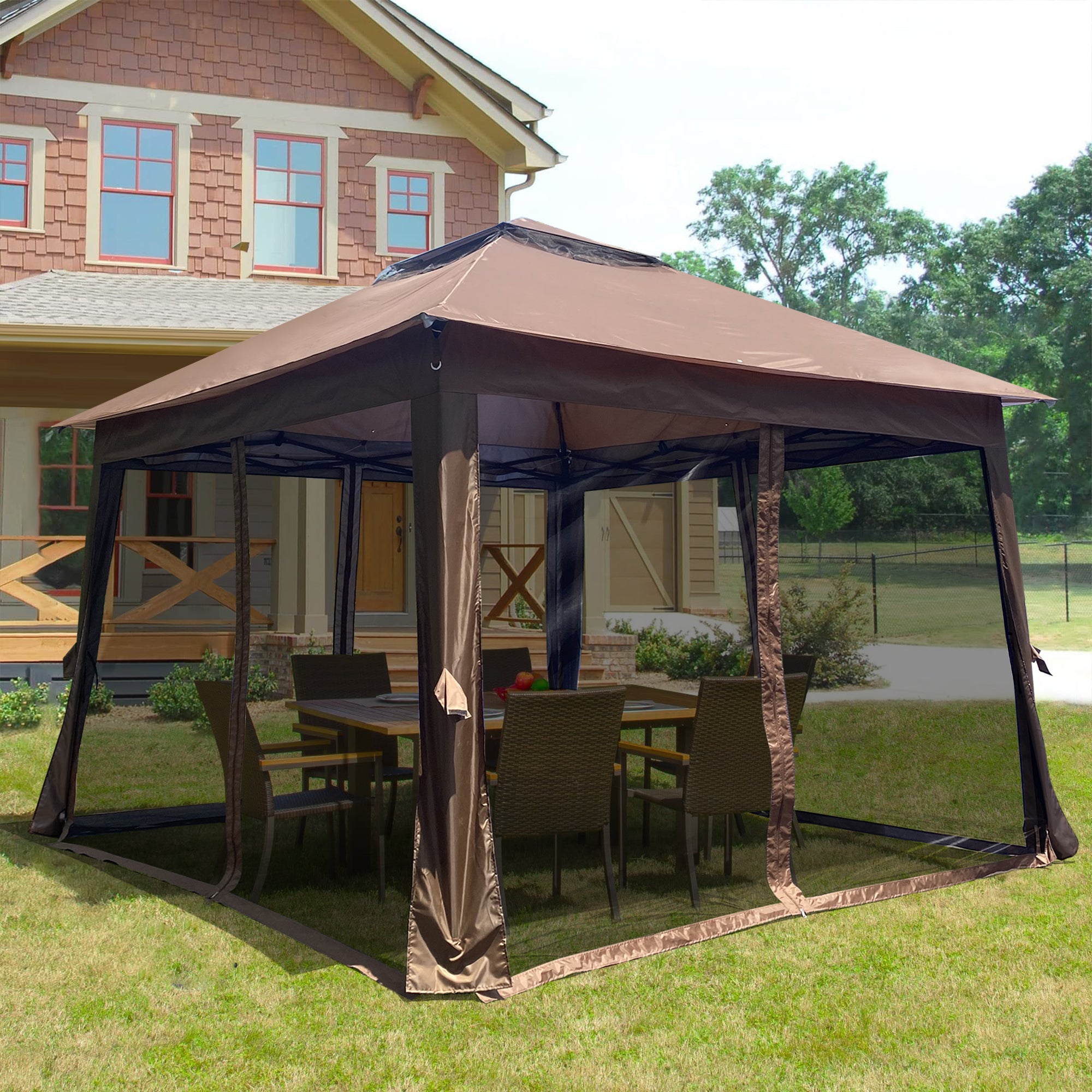 11' X 11 ' Brown Steel Polyester Soft-Top Outdoor Pop-Up Gazebo Canopy