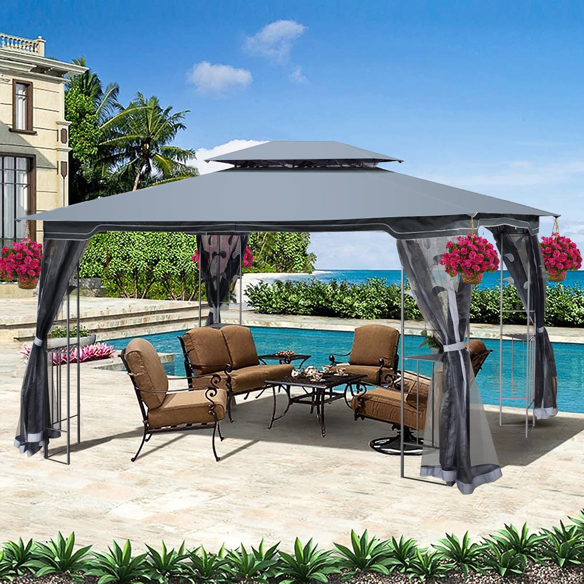 13' x 10' Outdoor Patio Gazebo Canopy Tent With Ventilated Double Roof And Mosquito net