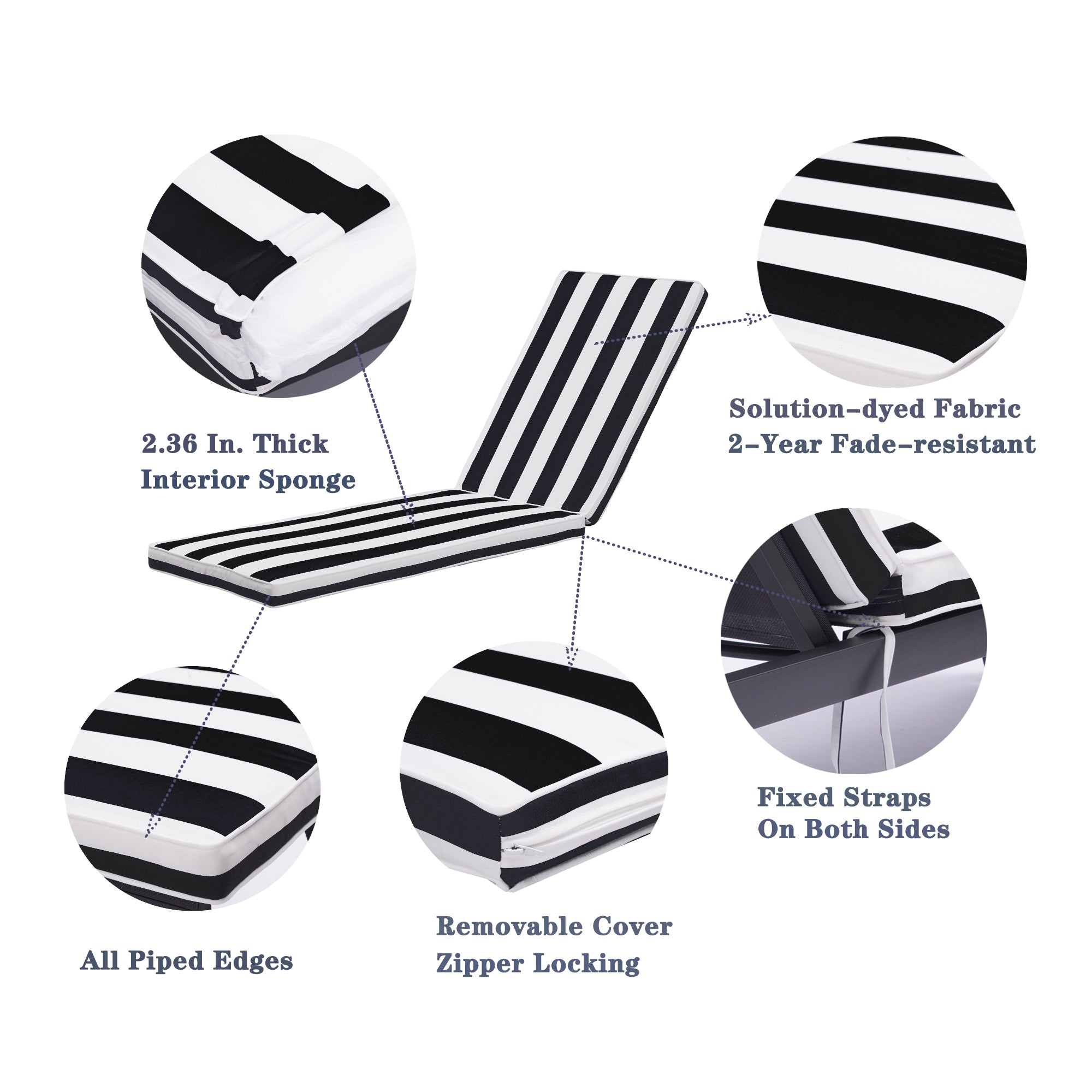 22.05 in. x 74.41 in. 2PCS Set Patio Outdoor Lounge Chair Cushion Replacement