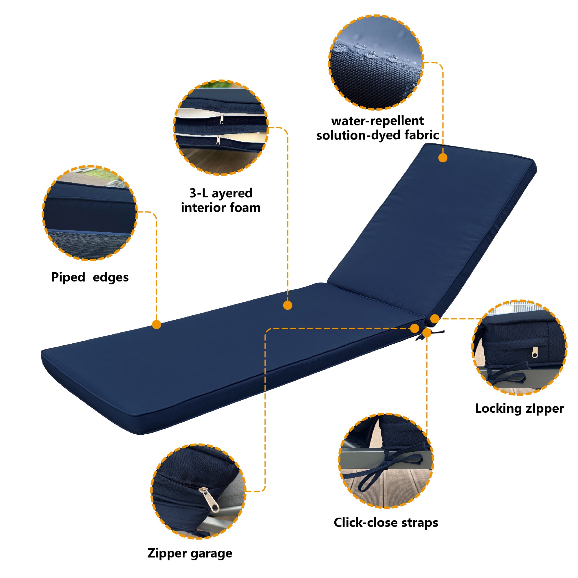 22.05 in. x 74.41 in. 2PCS Set Patio Outdoor Lounge Chair Cushion Replacement