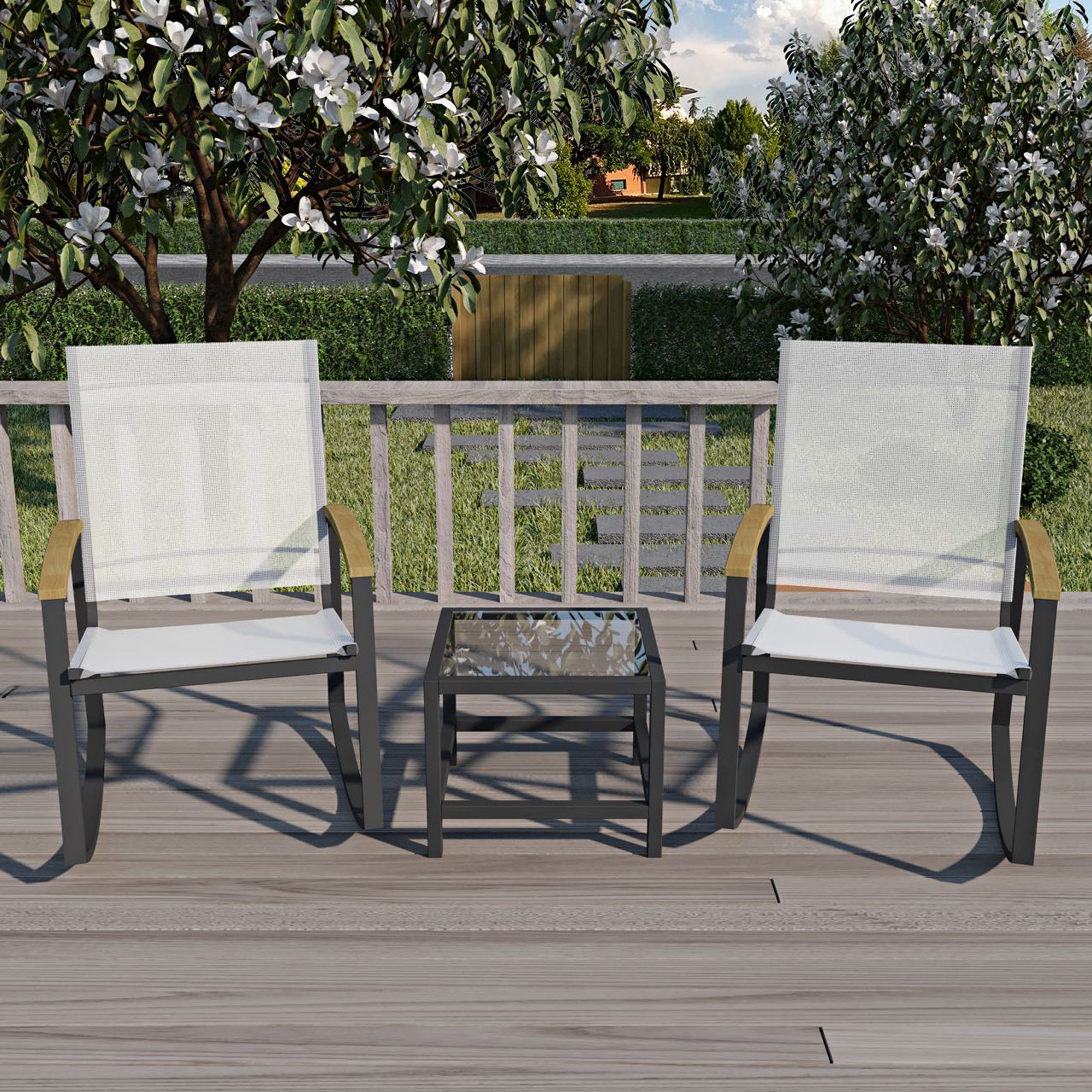 3 Piece Outdoor Black Rocking Patio conversation Set